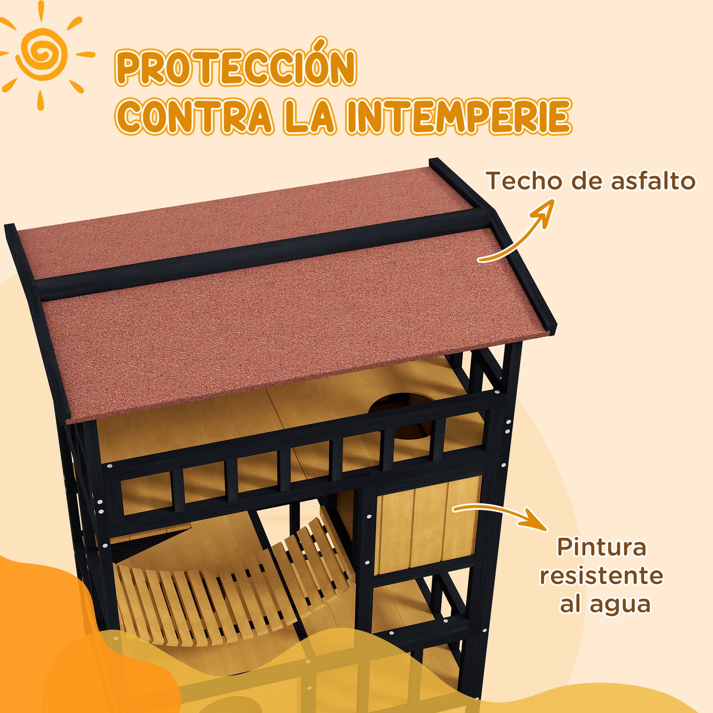 PawHut Casa para Gatos de Madera 84x60x116 cm Caseta para Gatos de 4 Niveles Refugio para Gatos con Puente Colgante Balcón y Techo Asfáltico para Exterior e Interior Natural