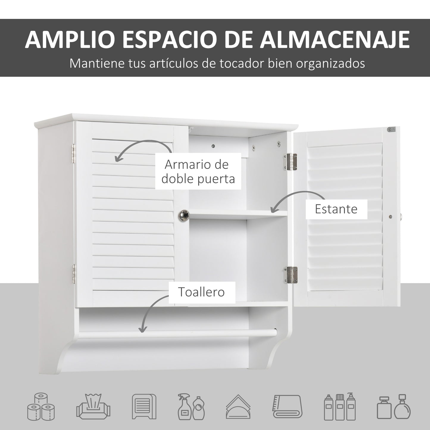 kleankin Armario Baño de Pared con 2 Puertas de Persiana Estante Interior y Barra de Toallero Mueble Auxiliar Suspendido Moderno Multiusos para Cocina 60x23x60 cm Blanco