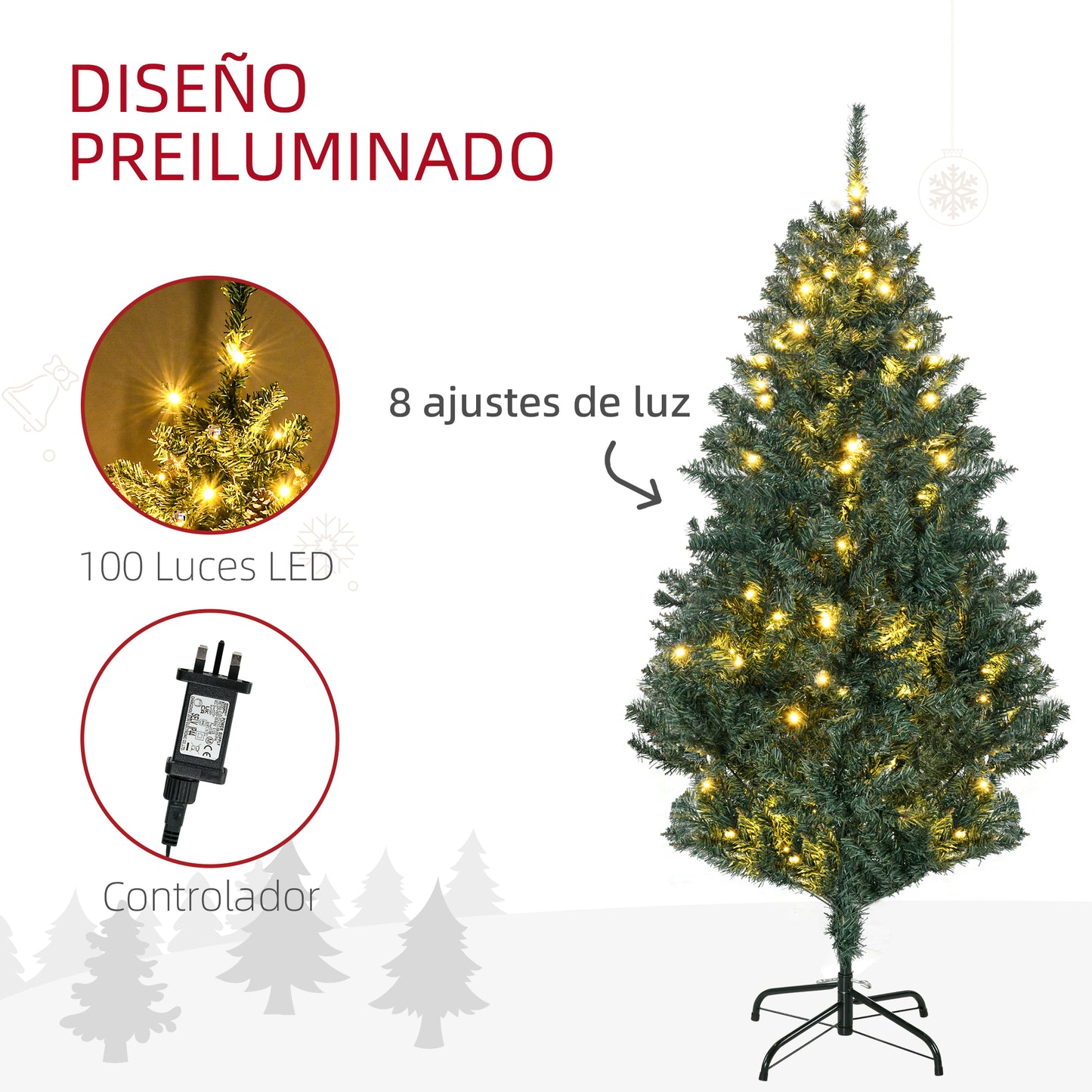 HOMCOM Árbol de Navidad Artificial 150 cm con 100 Luces LED con 8 Modos de Iluminación Árbol de Navideño con 472 Ramas y 80 Decoraciones Árbol Automático Acero Ø91x150 cm Verde