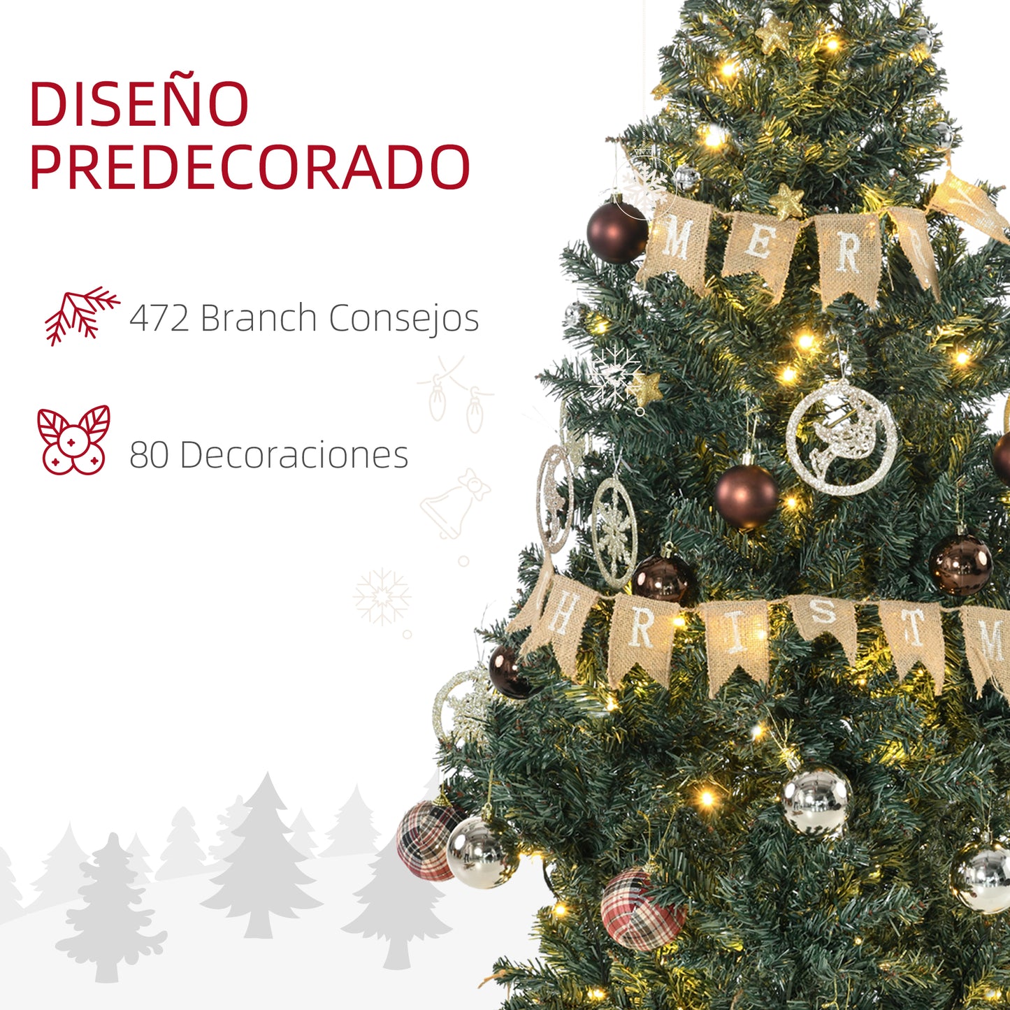 HOMCOM Árbol de Navidad Artificial 150 cm con 100 Luces LED con 8 Modos de Iluminación Árbol de Navideño con 472 Ramas y 80 Decoraciones Árbol Automático Acero Ø91x150 cm Verde