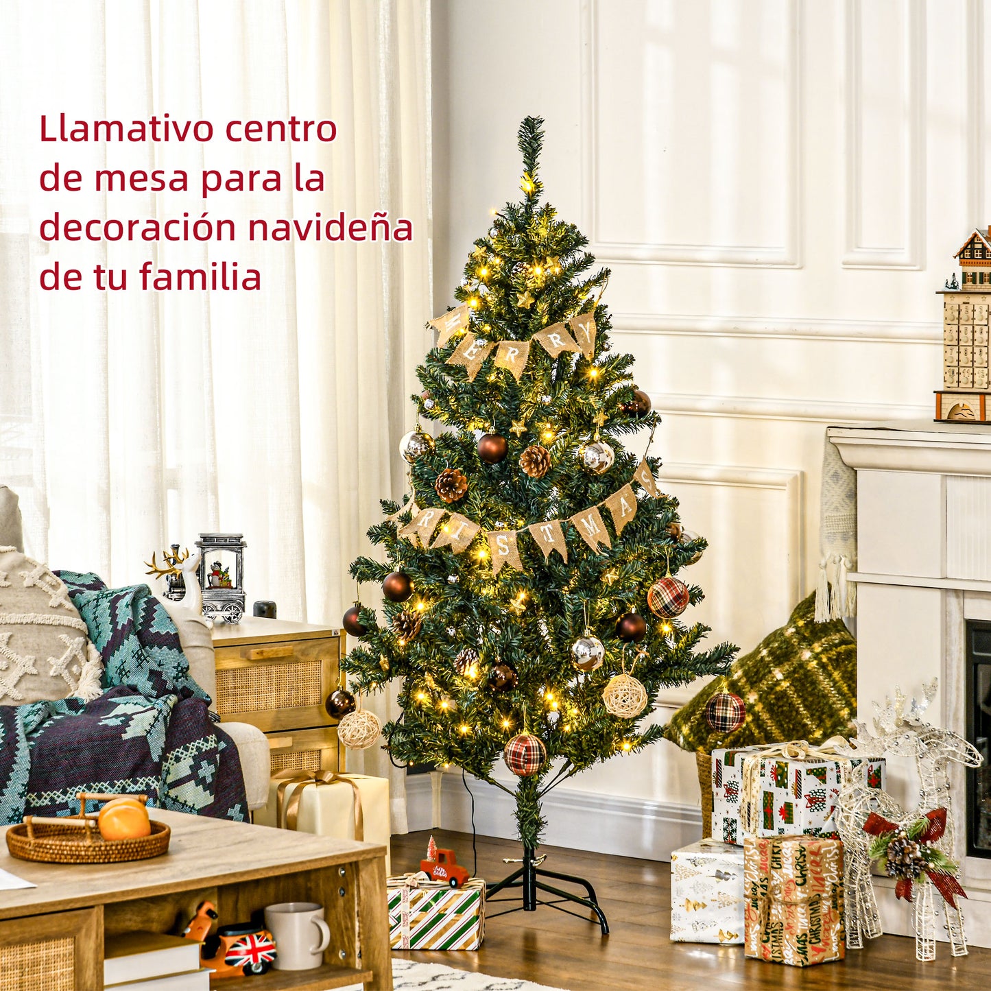 HOMCOM Árbol de Navidad Artificial 150 cm con 100 Luces LED con 8 Modos de Iluminación Árbol de Navideño con 472 Ramas y 80 Decoraciones Árbol Automático Acero Ø91x150 cm Verde