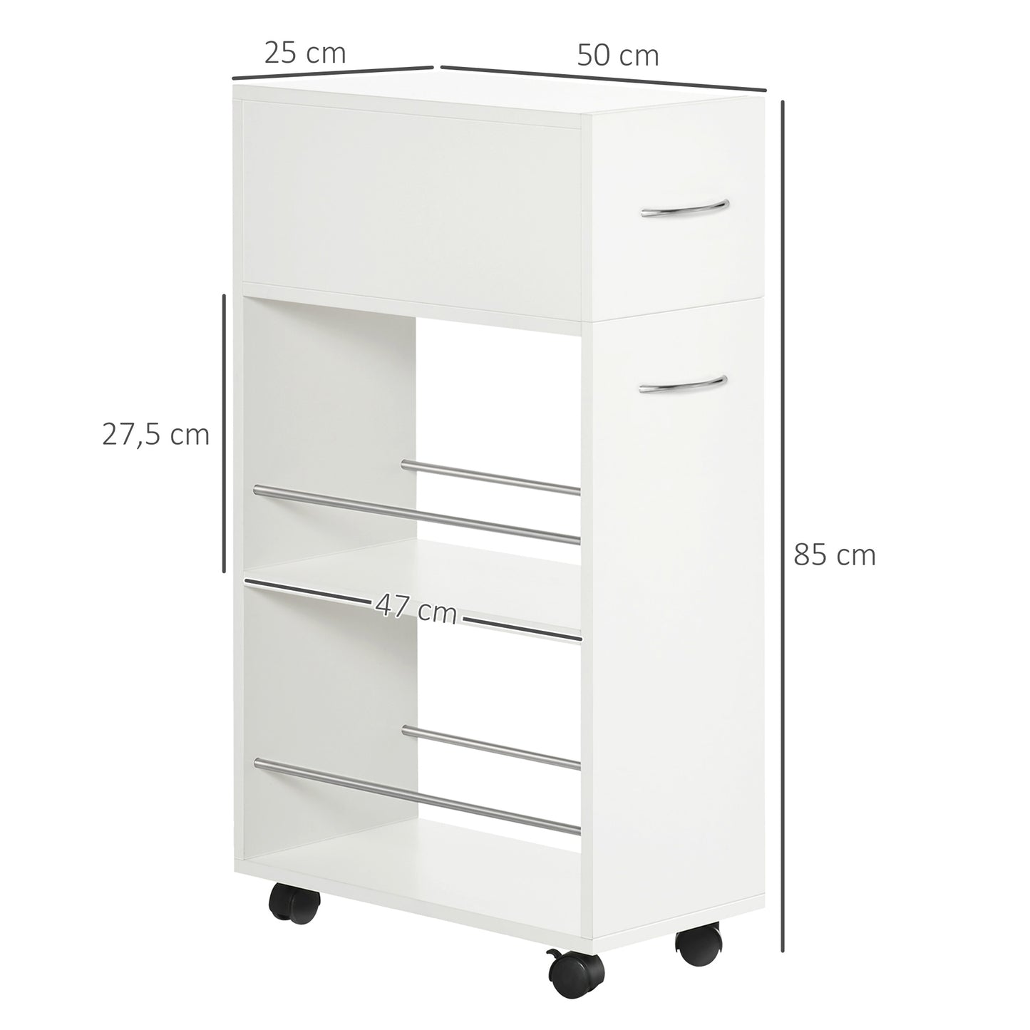 HOMCOM Carrito de Cocina Carrito Verdulero con 1 Cajón y 2 Estantes Abiertos Carro Auxiliar con Ruedas para Comedor Salón Baño 25x50x85 cm Blanco