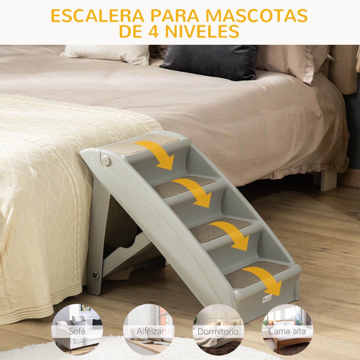 PawHut Escalera Plegable para Mascotas de 4 Peldaños Escalón para Perros Gatos Portátil con Alfombras Antideslizantes para Cama Sofá Carga 20 kg 62x38x49,5 cm Gris