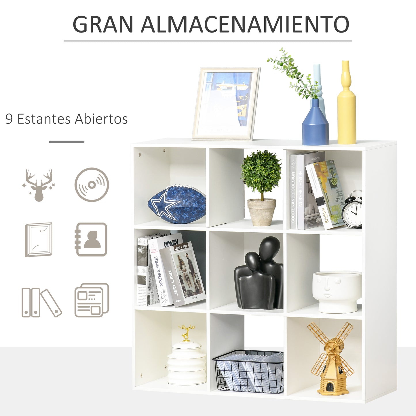 HOMCOM Estantería Librería 3 Niveles Armario de Almacenamiento 9 Cubos Estantería de Pie Separador de Habitación Estante de Exposición 91,5x29,5x91,5cm Madera