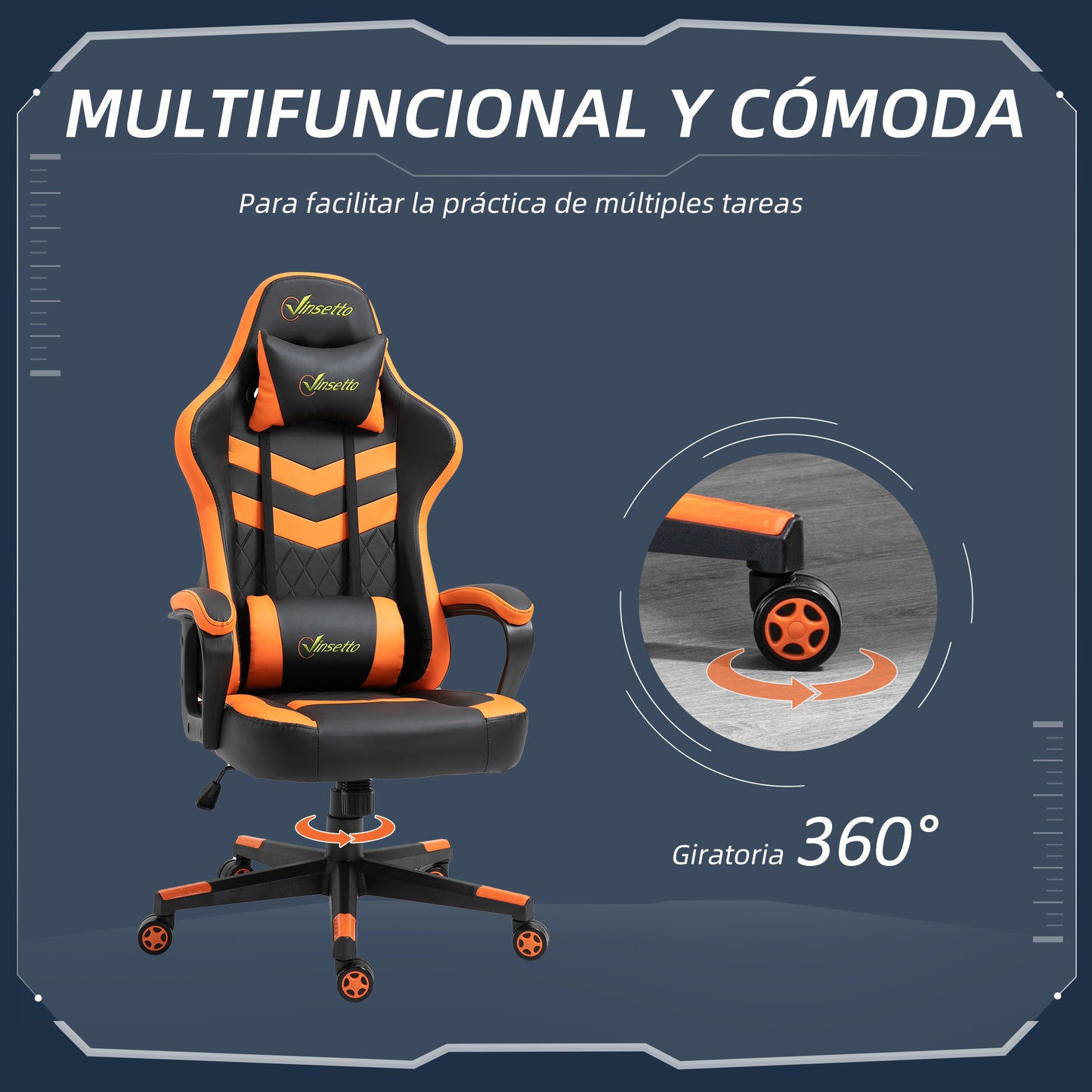 Vinsetto Silla Gaming Silla Gamer Basculante con Altura Ajustable Giratoria Reposacabezas y Lumbar Desmontable Silla de Oficina Estudio Naranja