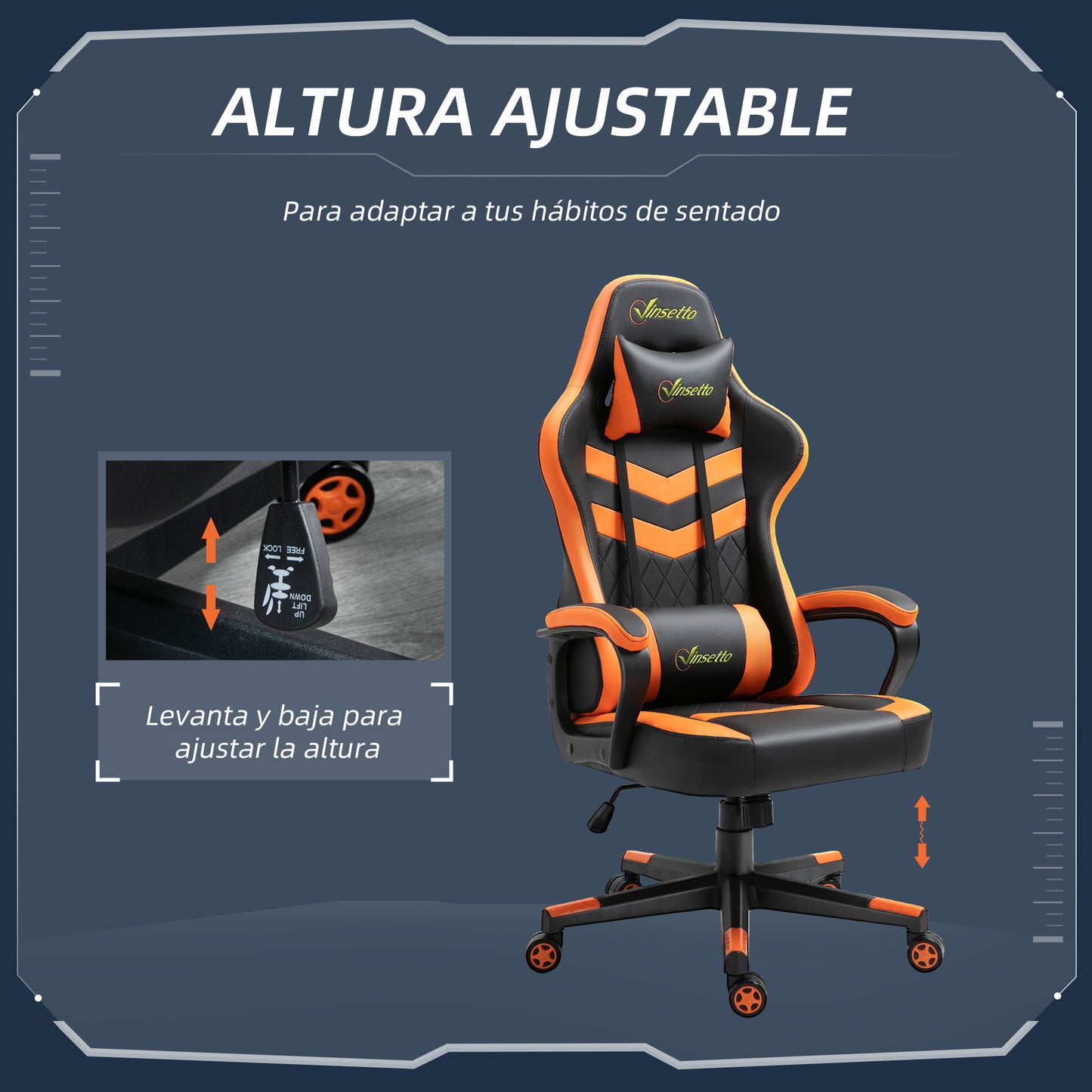 Vinsetto Silla Gaming Silla Gamer Basculante con Altura Ajustable Giratoria Reposacabezas y Lumbar Desmontable Silla de Oficina Estudio Naranja