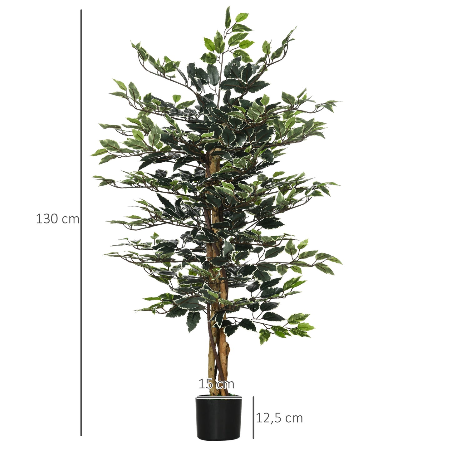 HOMCOM Ficus Artificial con Troncos 130 cm Planta Artificial con Macetas y 702 Hojas Realistas para Decoración del Hogar Salón Dormitorio Ø15x130 cm Verde