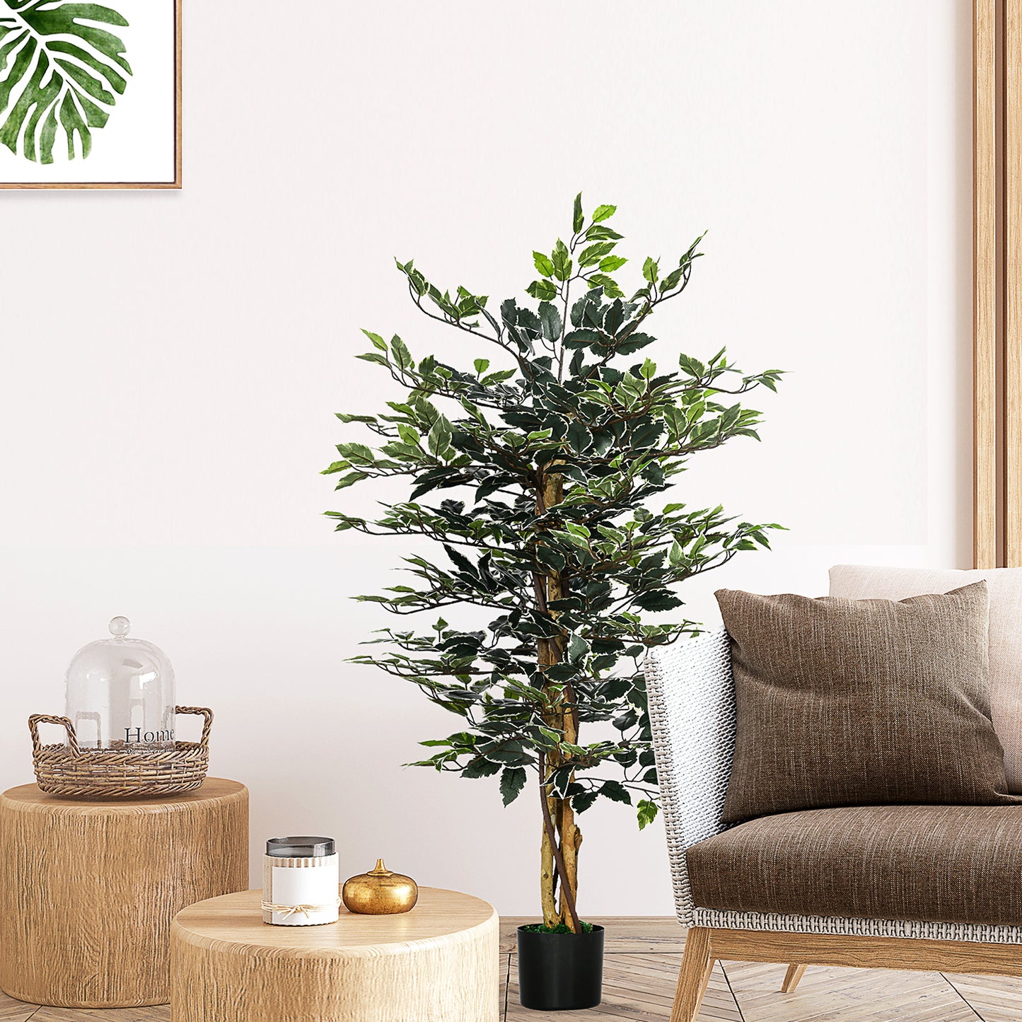 HOMCOM Ficus Artificial con Troncos 130 cm Planta Artificial con Macetas y 702 Hojas Realistas para Decoración del Hogar Salón Dormitorio Ø15x130 cm Verde