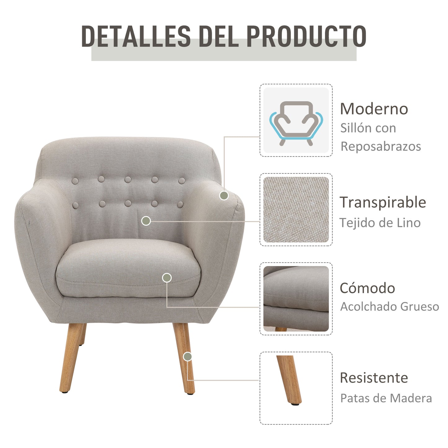 HOMCOM Butaca Moderna con Patas de Madera Sillón Individual estilo Nórdico Acolchado para Salón Dormitorio 71x62x78 cm Beige