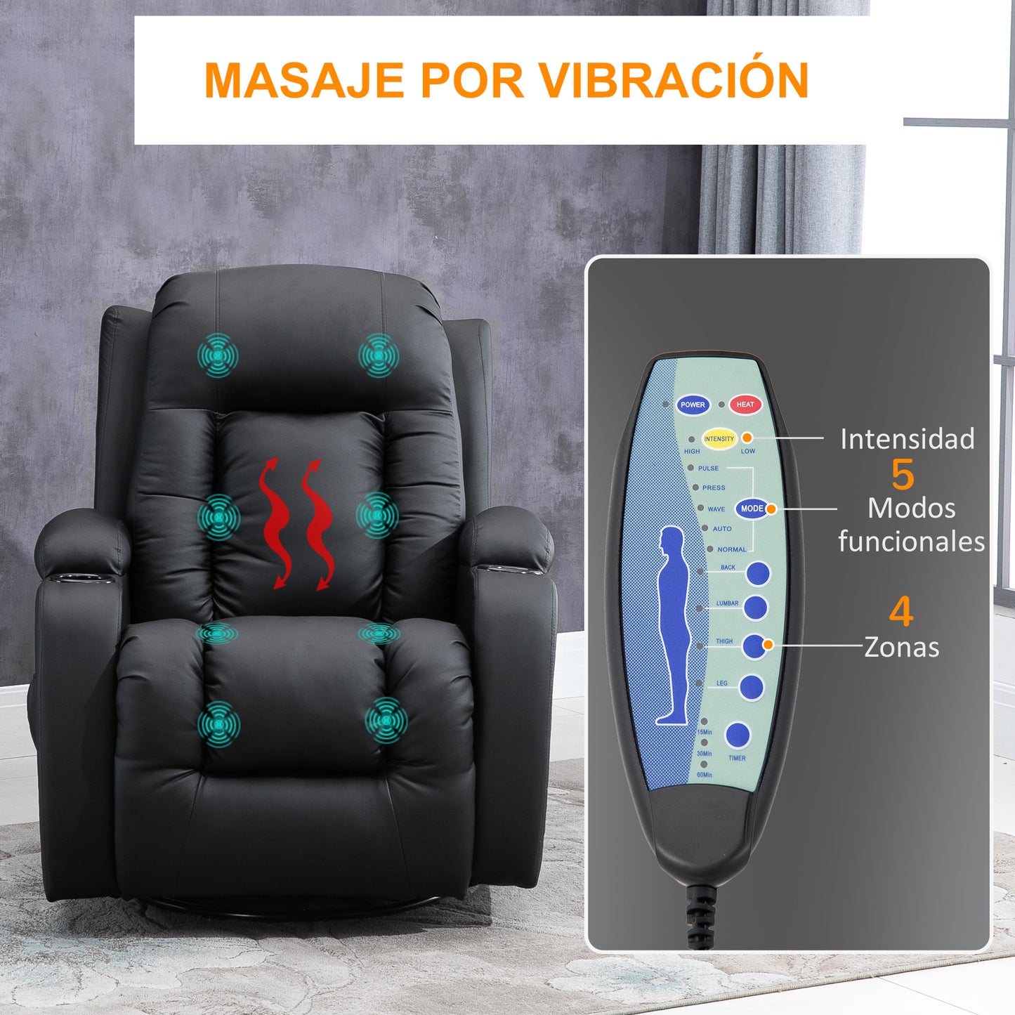 HOMCOM Sillón de Masaje Reclinable hasta 150° Silla para Relajación Sillón Relax con 8 Puntos de Masaje Vibrante Función de Calefacción Lumbar Mando a Distancia 85x94x104 cm Negro