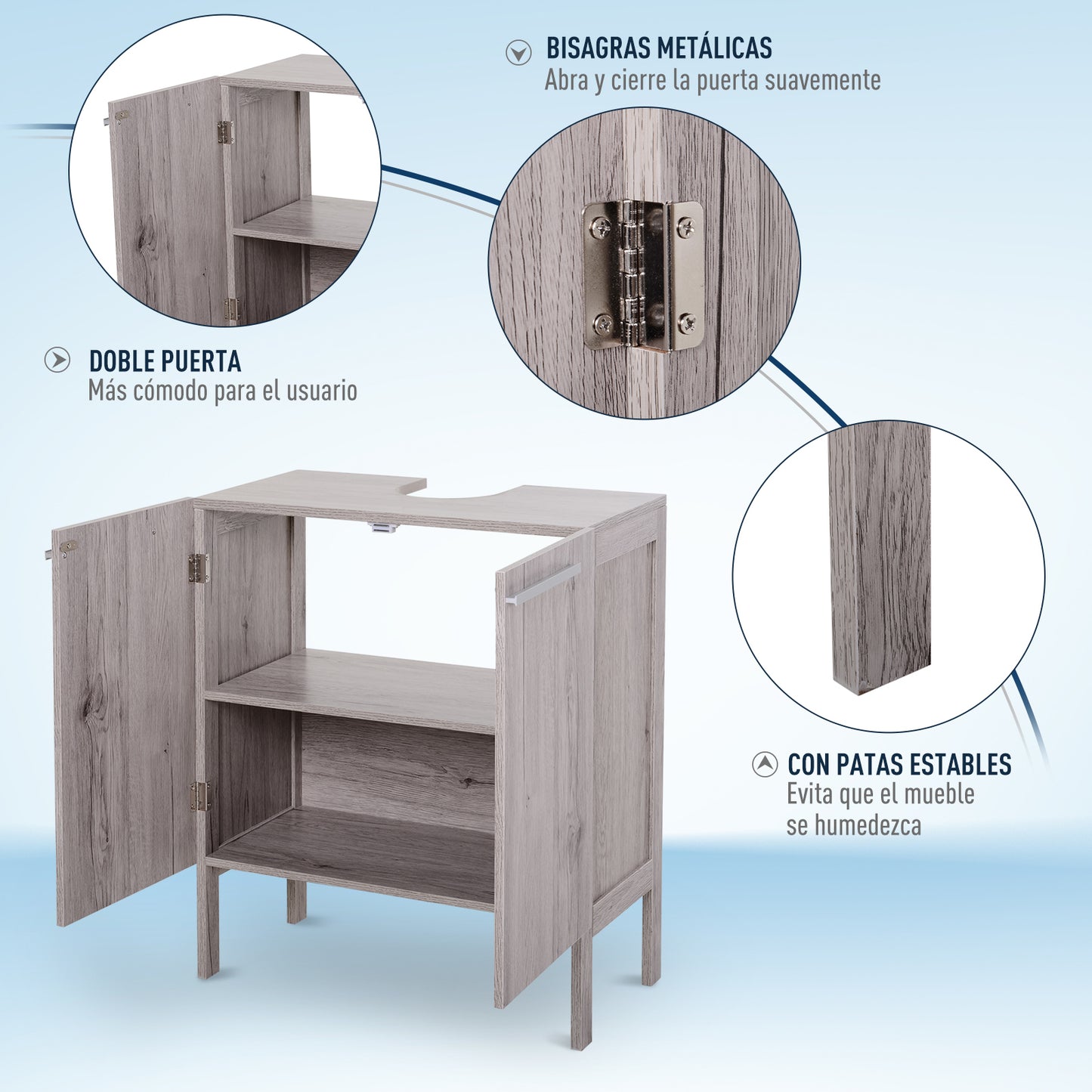 kleankin Mueble Bajo de Lavabo para Baño Compacto con 2 Puertas de Armario 60x30x70 cm