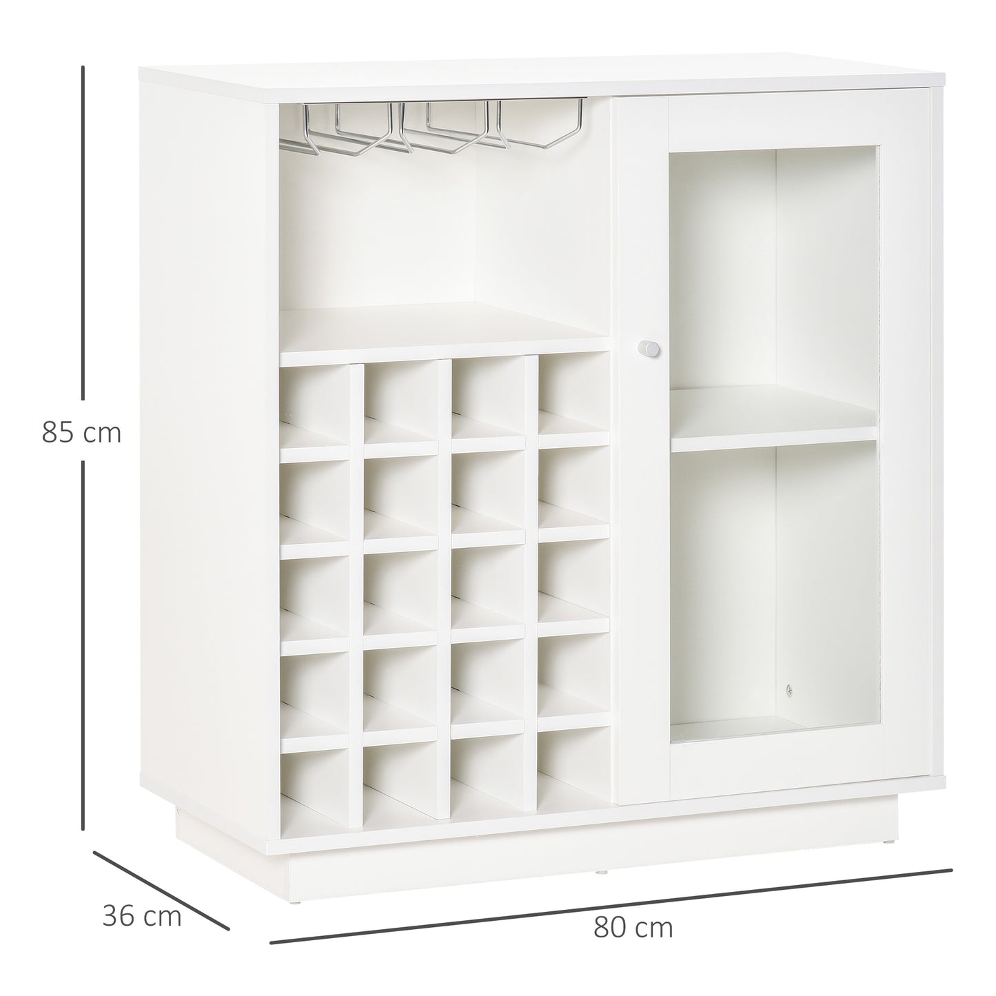 HOMCOM Aparador de Cocina con Botellero para 20 Botellas Armario Auxiliar con 1 Puerta de Cristal Estantes y Soporte de Copas de Vino para Comedor Bar 80x36x85 cm Blanco