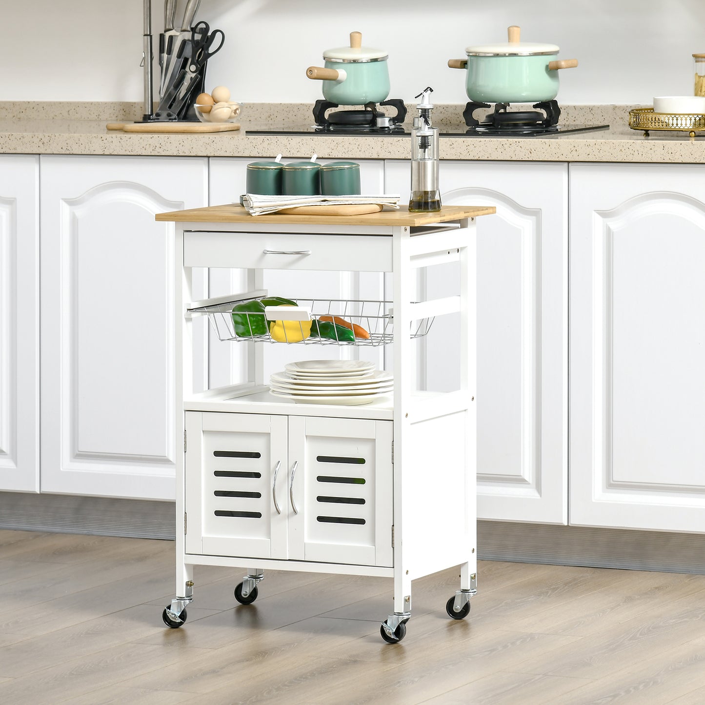 HOMCOM Carrito de Cocina con Ruedas Carro de Almacenamiento Multiuso con Encimera de Bambú Cajón Cesta Metálica y Armario de 2 Puertas de Persiana 58x37x85,5 cm Blanco