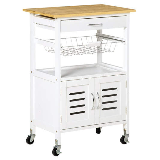 HOMCOM Carrito de Cocina con Ruedas Carro de Almacenamiento Multiuso con Encimera de Bambú Cajón Cesta Metálica y Armario de 2 Puertas de Persiana 58x37x85,5 cm Blanco