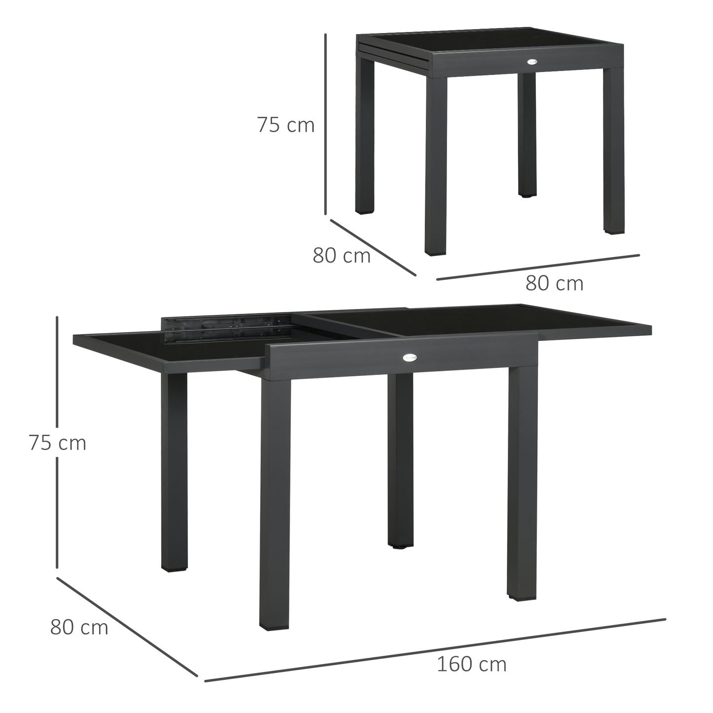 Outsunny Mesa de Jardín Extensible de Aluminio Mesa de Comedor Rectangular con Encimera de Vidrio Templado Carga 50 kg para Terraza 80-160x80x75 cm Negro