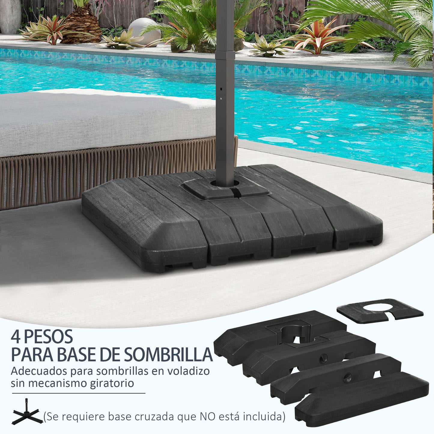 Outsunny Pesos de Base de Sombrilla en Voladizo de 4 Piezas Soporte de Parasol de Patio Rellenable de Agua de 100 kg o Arena de 135 kg para Base Cruzada 98x98x18,5 cm Negro