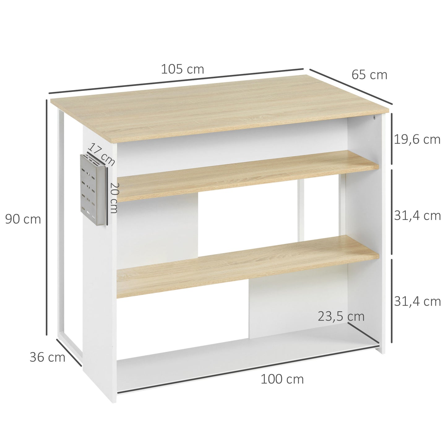 HOMCOM Isla de Cocina Moderna Mueble Auxiliar de Cocina con 3 Estantes Abiertos Portacuchillos Soporte para Microondas y Marco de Acero para Comedor 105x65x90 cm Roble