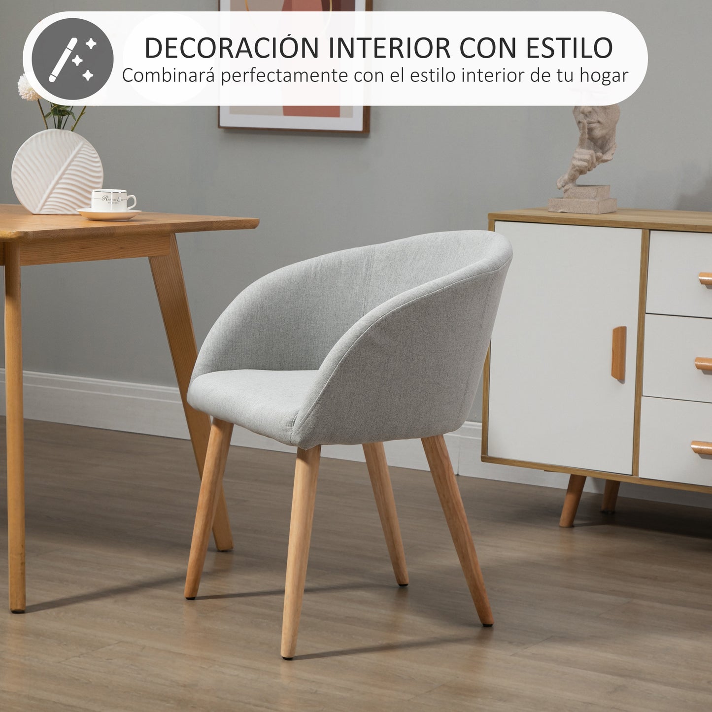 HOMCOM Silla de Comedor Tapizada en Lino Sintético Transpirable con Asiento Acolchado y Patas de Madera Silla de Ocio Moderna para Salón Dormitorio 55x58x74 cm Gris