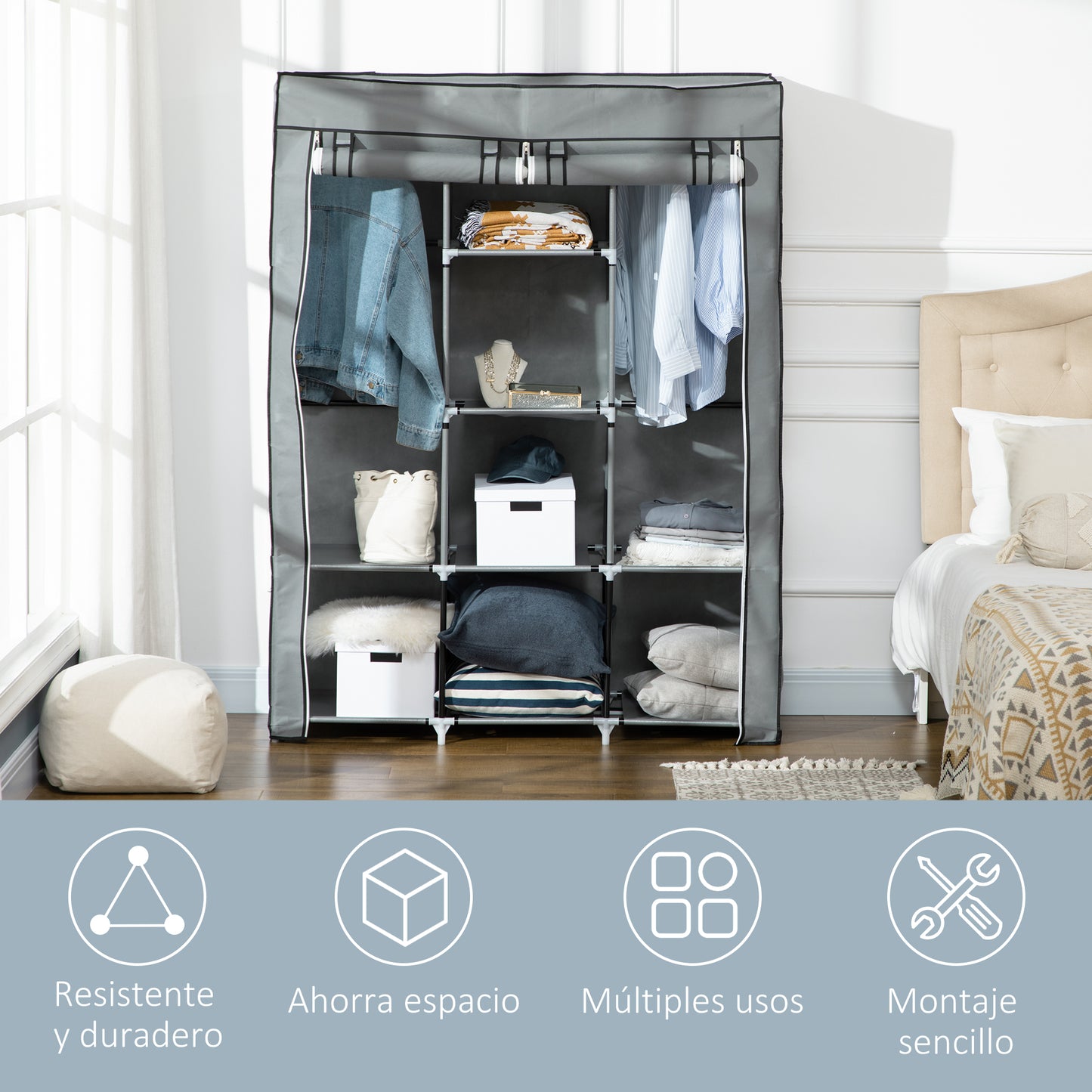 HOMCOM Armario de Tela Plegable Armario de Ropa Organizador Ropero Portátil con Estantes y Barra para Colgar para Dormitorio Vestidor 125x43x162,5 cm Gris Claro