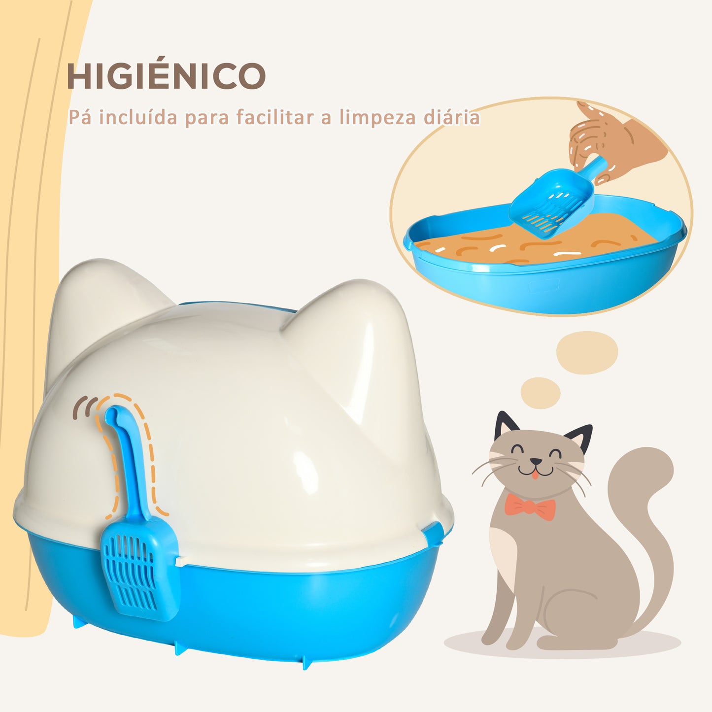 PawHut Caja de Arena para Gatos Arenero Cerrado de Gato con Orificio de Entrada y Pala Incluida 59x42,5x47 cm Blanco y Azul