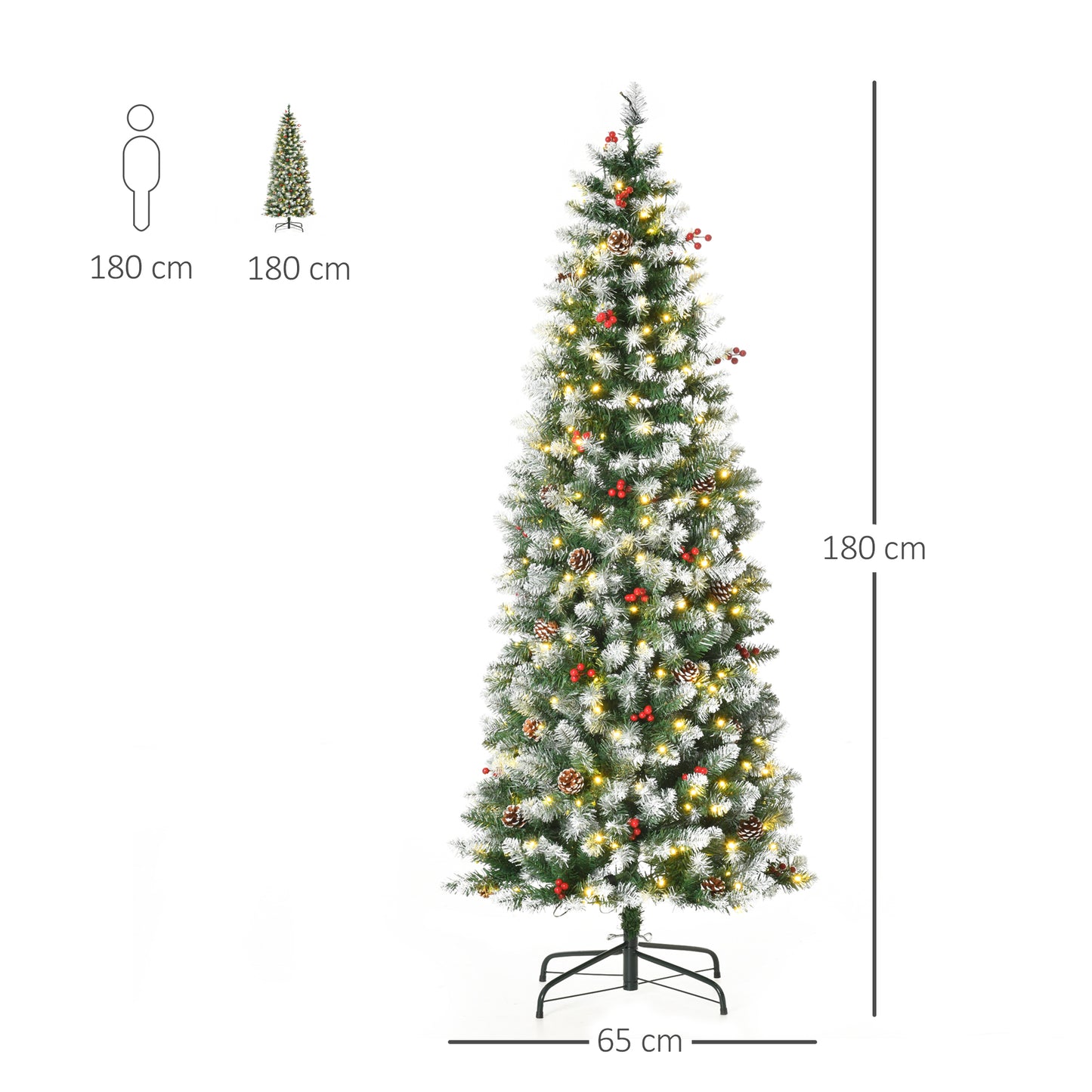 HOMCOM Árbol de Navidad Nevado Artificial 180 cm con 300 Luces LED Blanco Cálido 618 Ramas Ignífugas de PVC Decoraciones Incluidas y Base Plegable Ø65x180 cm Verde