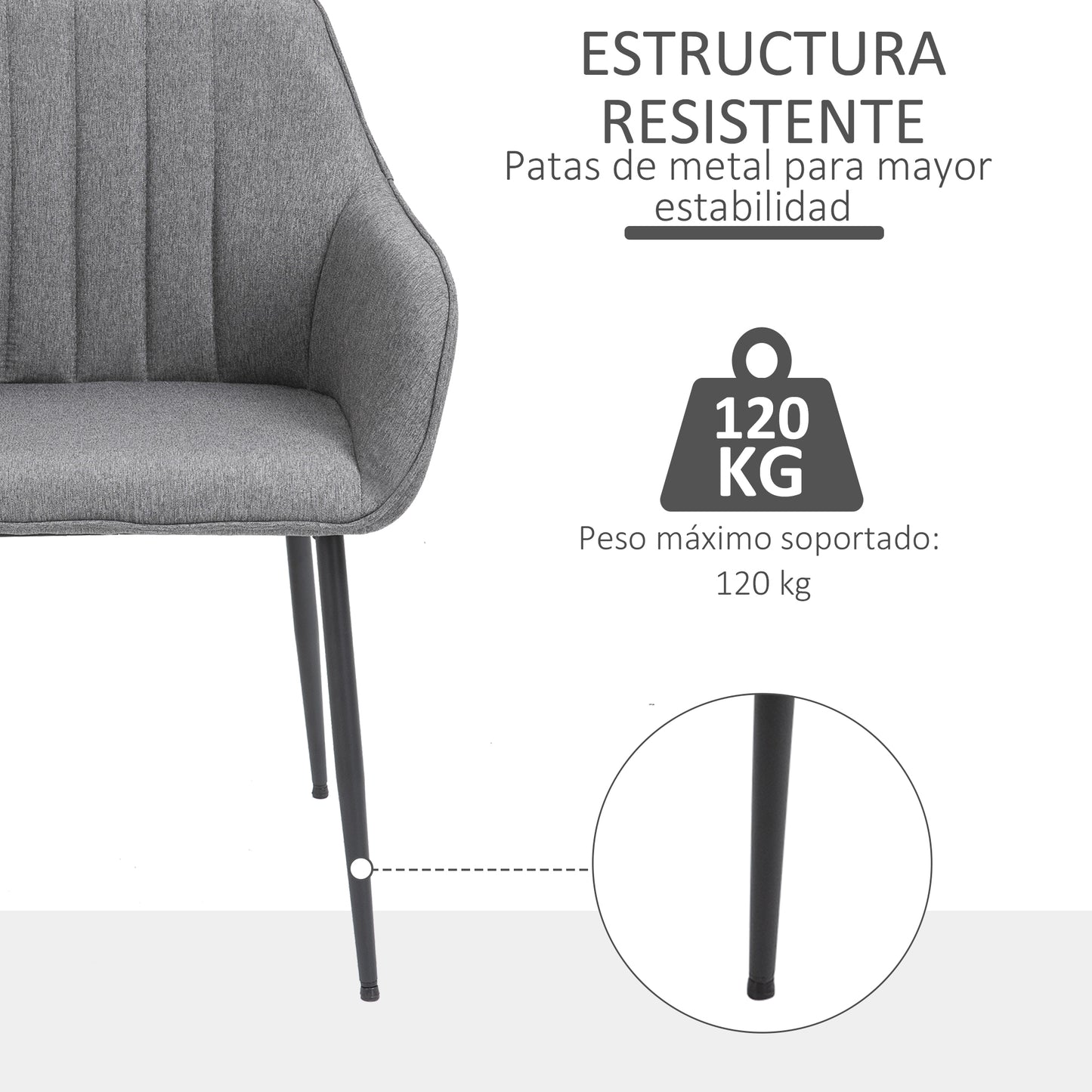 HOMCOM Juego de 2 Sillas de Comedor Decorativas Tapizadas en Lino Transpirable Sillas de Cocina con Respaldo Reposabrazos y Patas de Metal 59,5x56,5x81 cm Gris