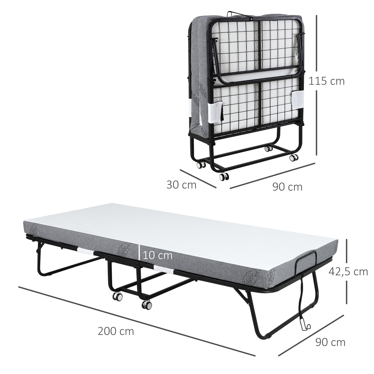 HOMCOM Cama Plegable 200x90x42,5 cm Cama de Camping Portátil con Colchón Individual Ruedas y Frenos Carga 150 kg para Dormitorio Salón Oficina Blanco