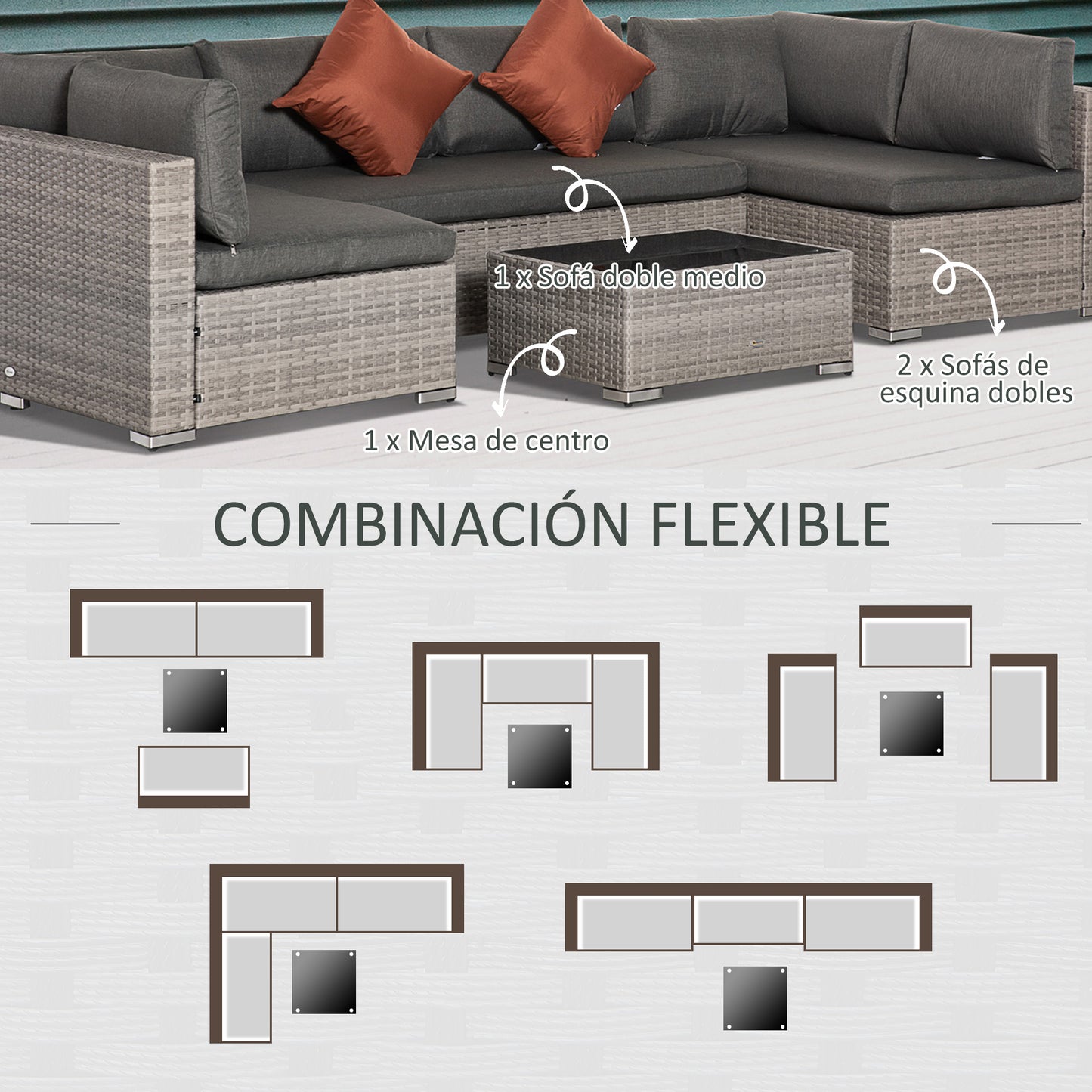 Outsunny Conjunto de Muebles de Jardín de Ratán 4 Piezas Mesa de Centro de Vidrio Sofá Doble y 2 Sofás Esquineros con Cojines Desenfundables para Terraza Exterior Gris