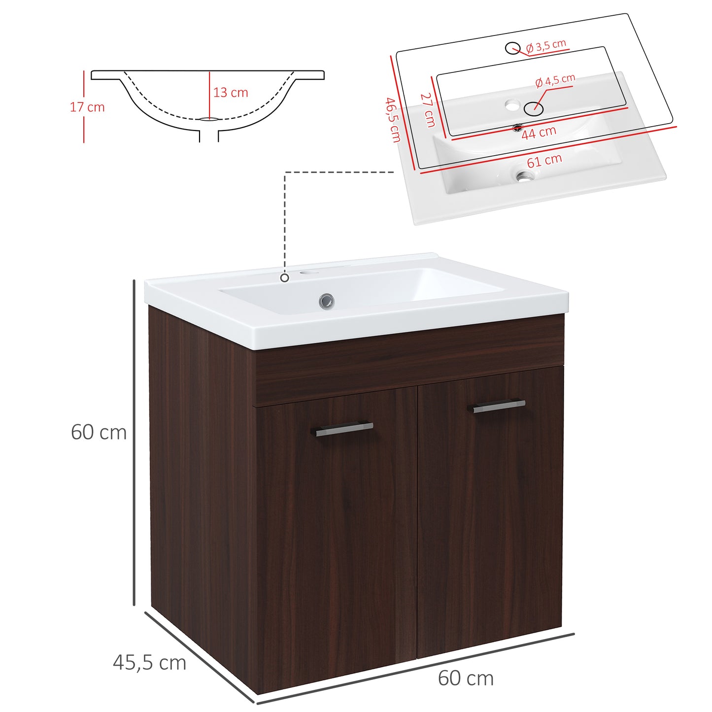 kleankin Mueble de Baño con Lavabo Cerámico Armario Bajo de Lavabo de Pared con 2 Puertas y Estante Ajustable Acabado Melamina 60x45,5x60 cm Marrón