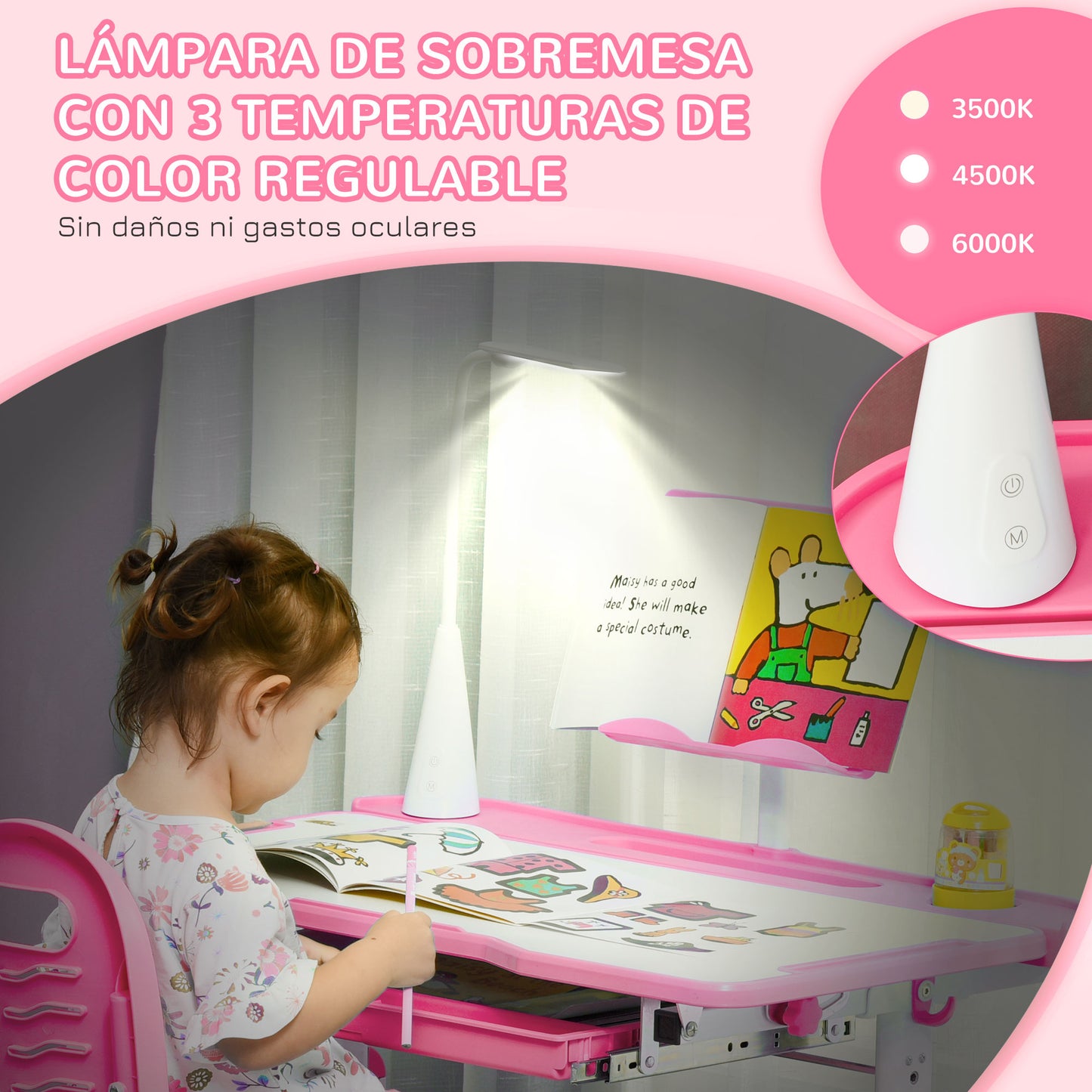 HOMCOM Juego de Escritorio y Silla para Niños de +6 Años Pupitre Infantil con Altura Ajustable Mesa Inclinable Cajón Lámpara LED y Portalápices 80x49,5x82-104 cm y 35,5x43,5x63-73 cm Rosa