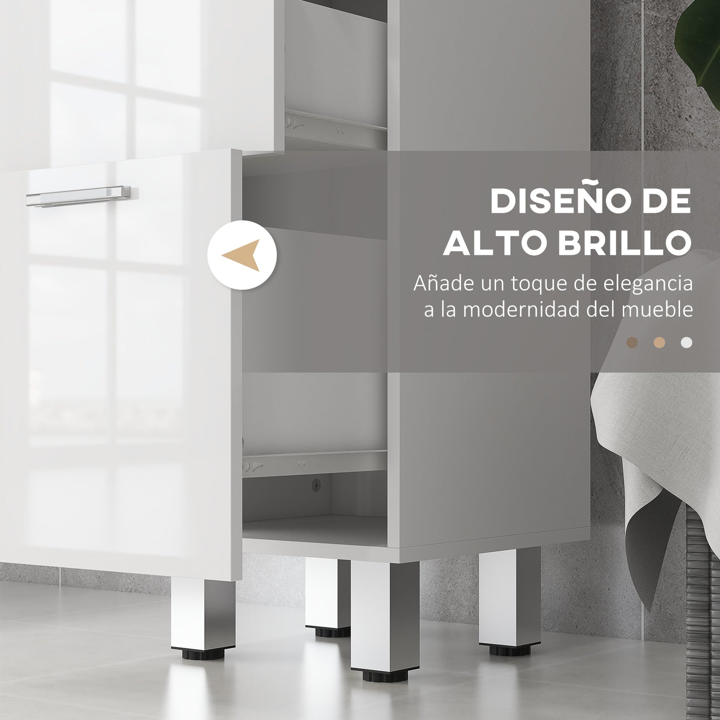 kleankin Mueble Auxiliar Baño Moderno Armario de Baño con 4 Cajones y 4 Patas Mueble de Almacenaje para Salón Dormitorio Antivuelco Carga 30 kg 30x30x93 cm Blanco Brillante