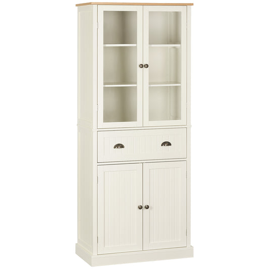 HOMCOM Alacena de Cocina Aparador de Comedor con 2 Puertas de Vidrio 1 Cajón y Baldas Ajustables Mueble Auxiliar de Cocina para Salón Antivuelco 76x40x182,5 cm Crema