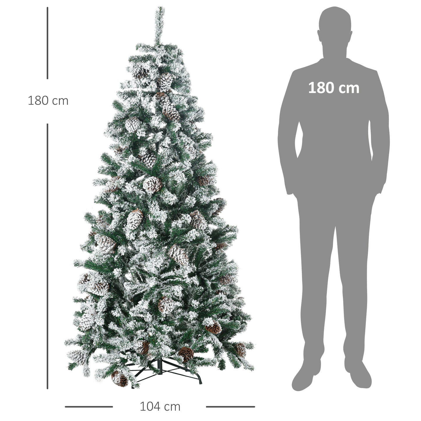 HOMCOM Árbol de Navidad Artificial Altura 180 cm Árbol Nevado con 695 Ramas 57 Piñas Apertura Automática Forma de Torre Base de Acero Plegable Ø104x180 cm Verde