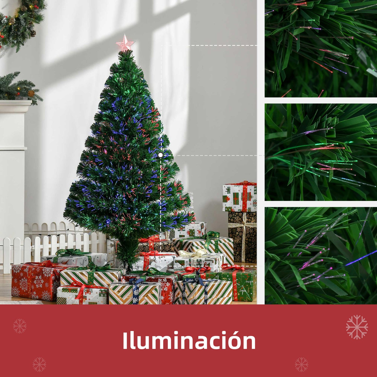 HOMCOM Árbol de Navidad 120cm Artificial Árboles de Abeto con Soporte Fibra Óptica Brillante Multicolor Ignífugo