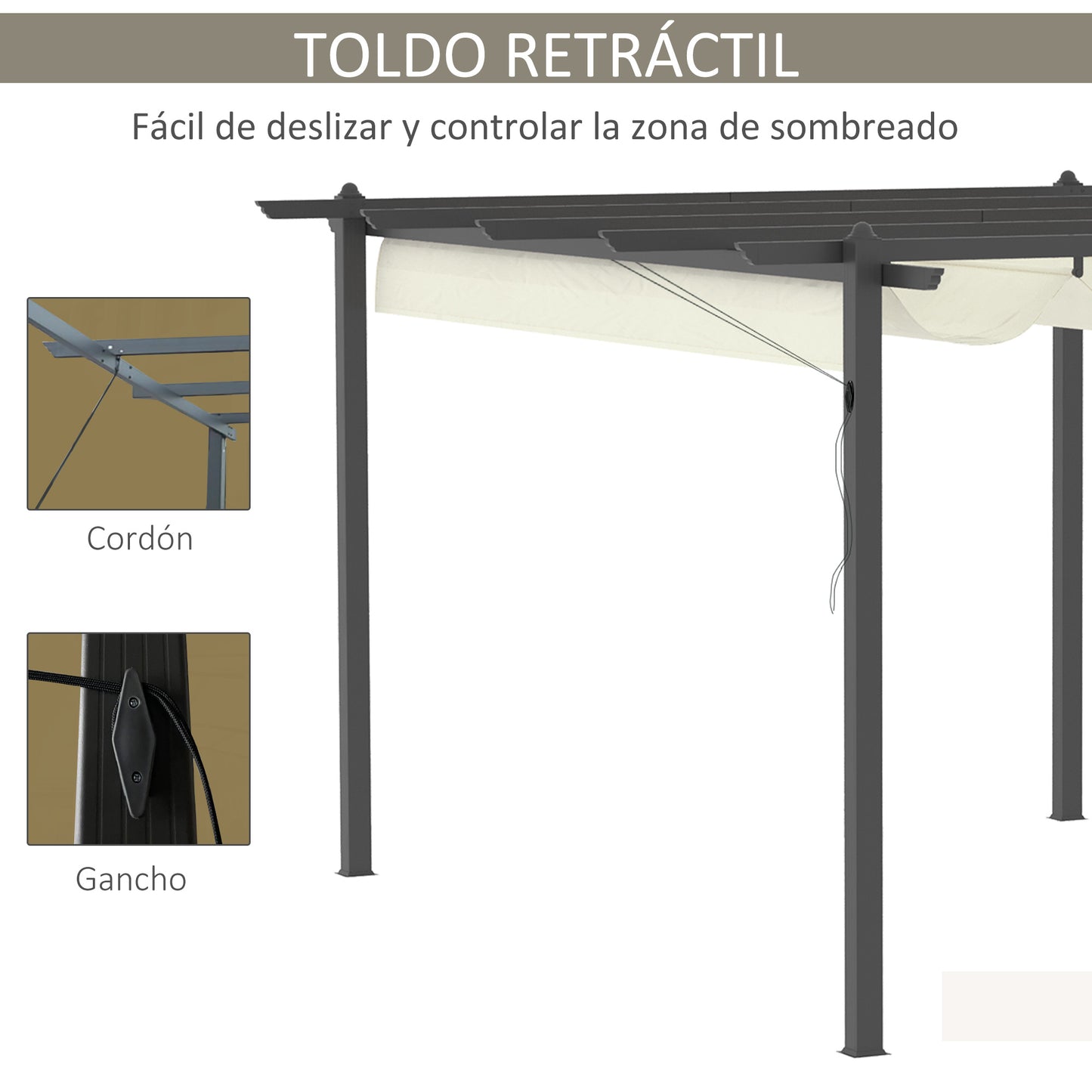 Outsunny Pérgola de Jardín Pérgola de Aluminio 4x3 m Cenador de Jardín con Techo Retráctil Tela de Poliéster y 8 Orificios de Drenaje para Patio Terraza Exterior Crema