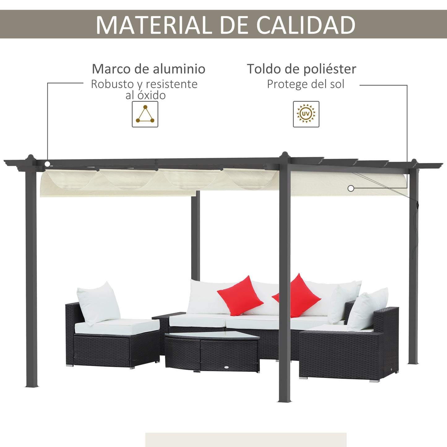 Outsunny Pérgola de Jardín Pérgola de Aluminio 4x3 m Cenador de Jardín con Techo Retráctil Tela de Poliéster y 8 Orificios de Drenaje para Patio Terraza Exterior Crema