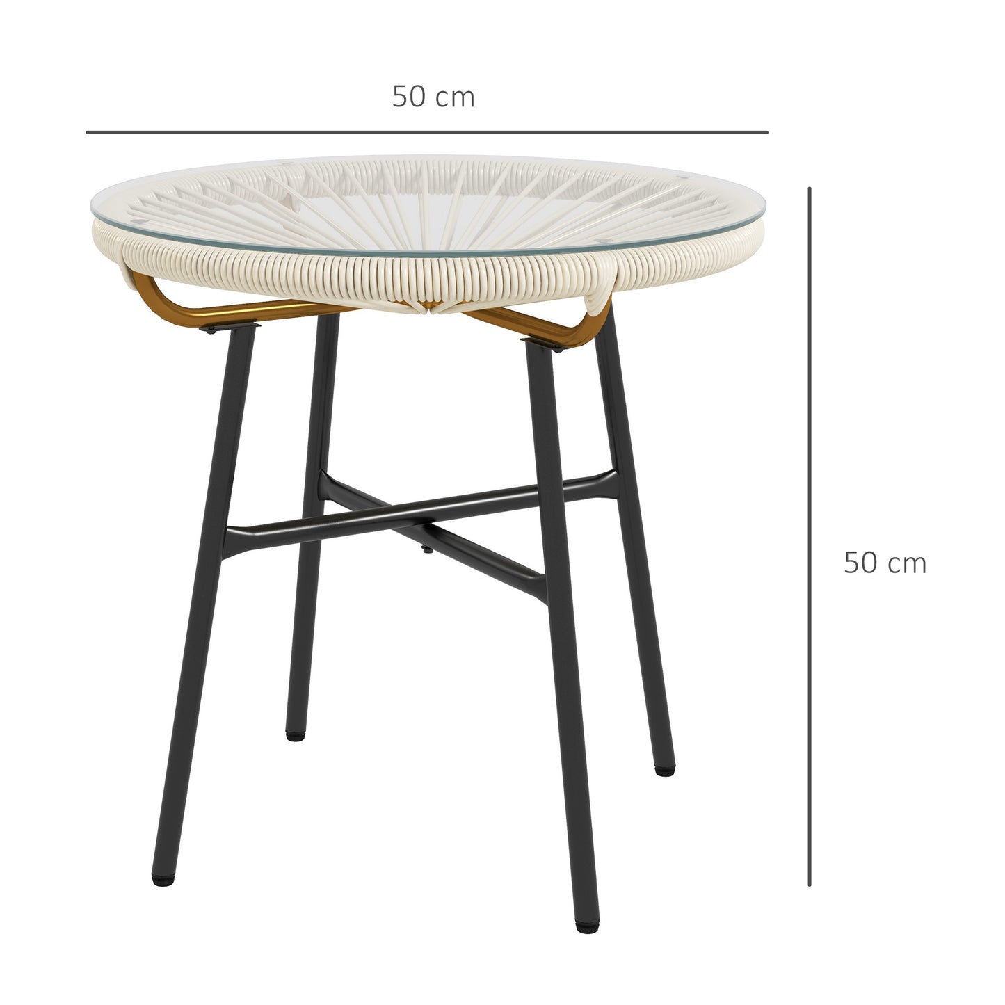 Outsunny Mesa Auxiliar de Ratán Sintético Mesa de Centro Redonda para Exteriores con Tablero de Vidrio Templado y Patas de Metal para Patio Jardín Balcón Ø50x50 cm Crema