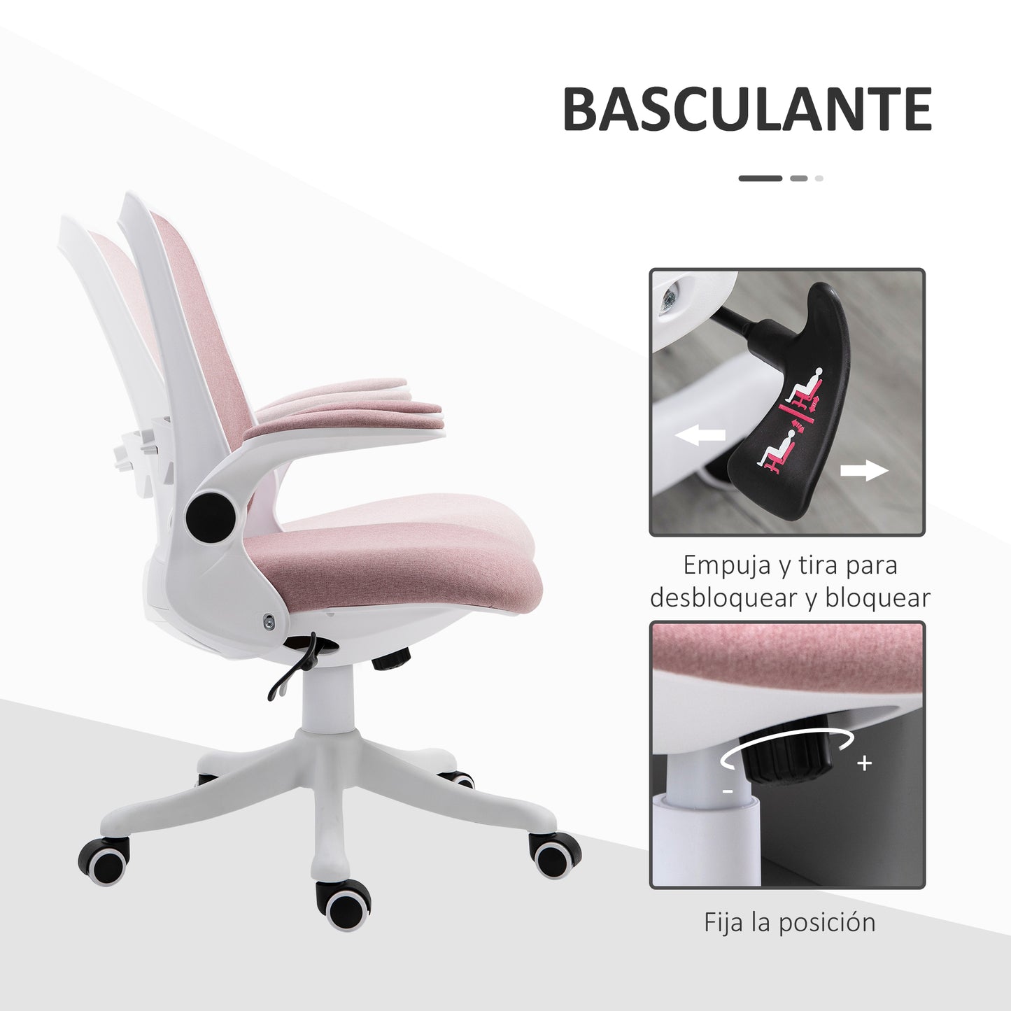 Vinsetto Silla Giratoria de Oficina Silla de Escritorio Basculante Altura Ajustable con Reposabrazos Elevable Carga 120 kg para Despacho Dormitorio 62,5x60x94-104 cm Rosa