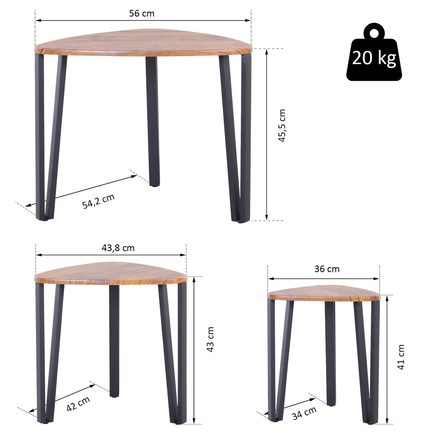 HOMCOM 3 Mesitas de Café Mesa de Centro Minimalista Patas de Acero con Funda de Plástico Mesa Nido para Salón Sofá 56x54.2x45.4cm