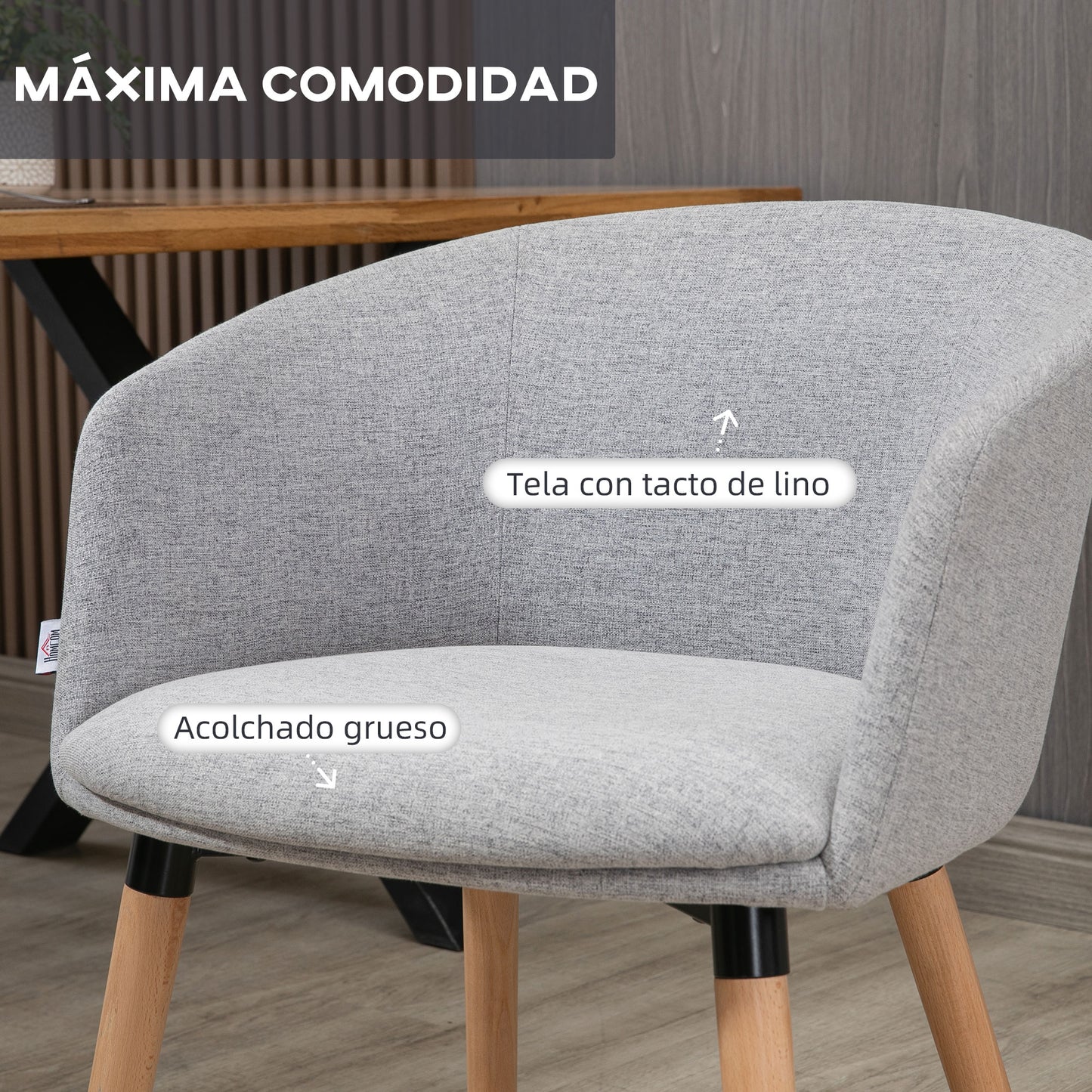 HOMCOM Silla de Comedor Butaca de Salón Tapizada en Lino Sintético con Reposabrazos y Patas de Madera para Oficina Dormitorio Carga 120 kg 57x56x72 cm Gris