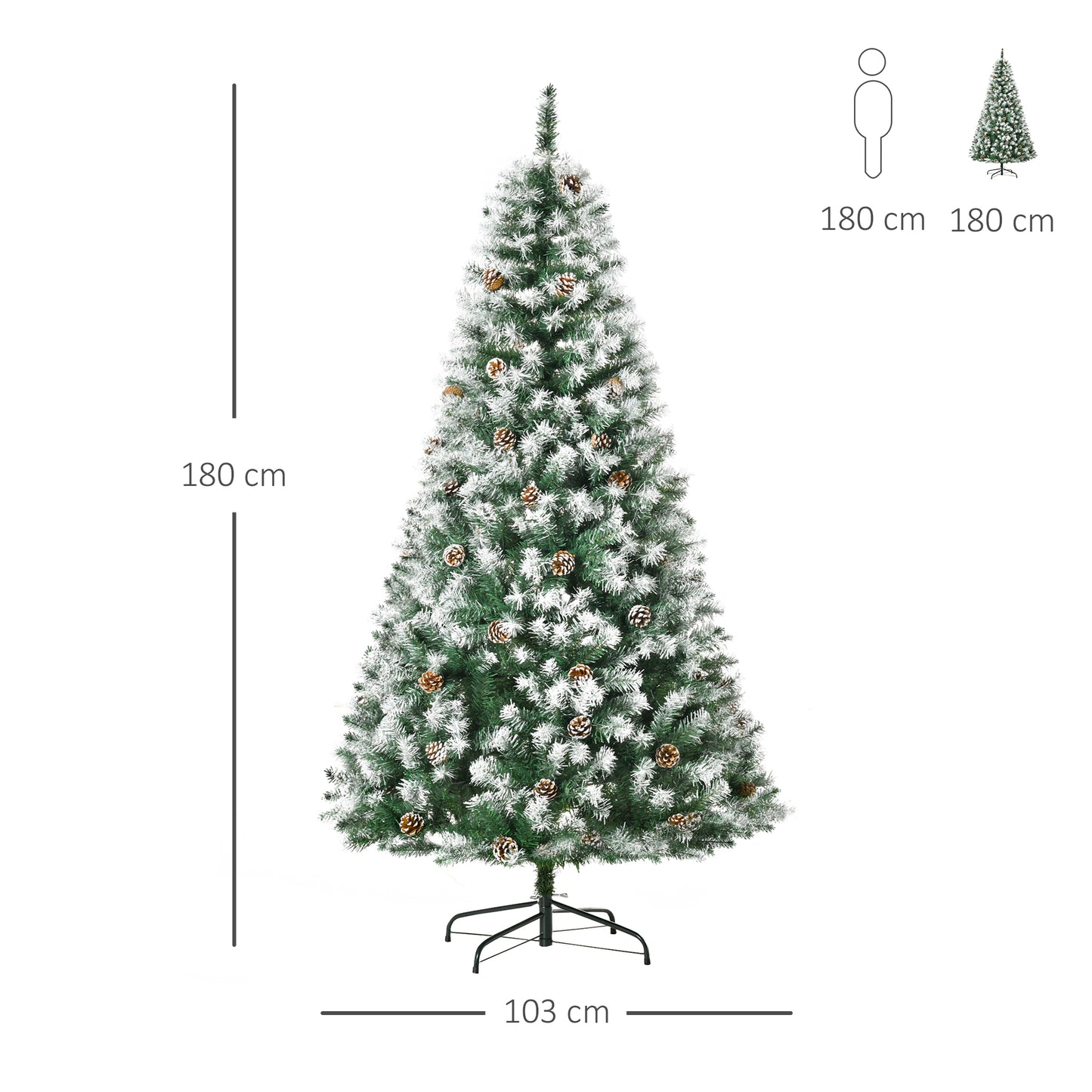 HOMCOM Árbol de Navidad Artificial 180 cm con Nieve Ignífugo con 800 Ramas 61 Piñas Hojas de PVC Apertura Automática Base Plegable y Soporte Metálico Decoración Navideña para Interiores Verde