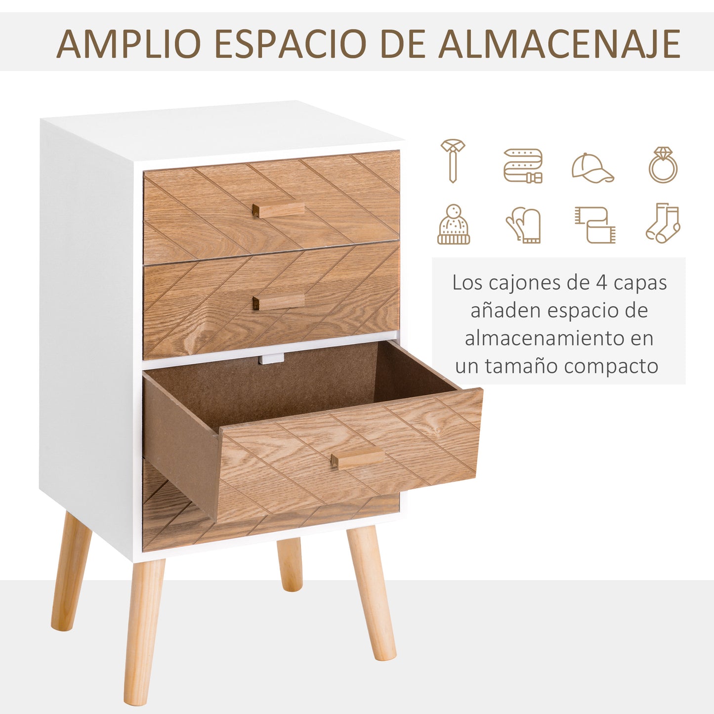 HOMCOM Cómoda con 4 Cajones Cómoda de Dormitorio Mesita de Noche con Patas Elevadas para Salón 40x30x75 cm Blanco y Natural