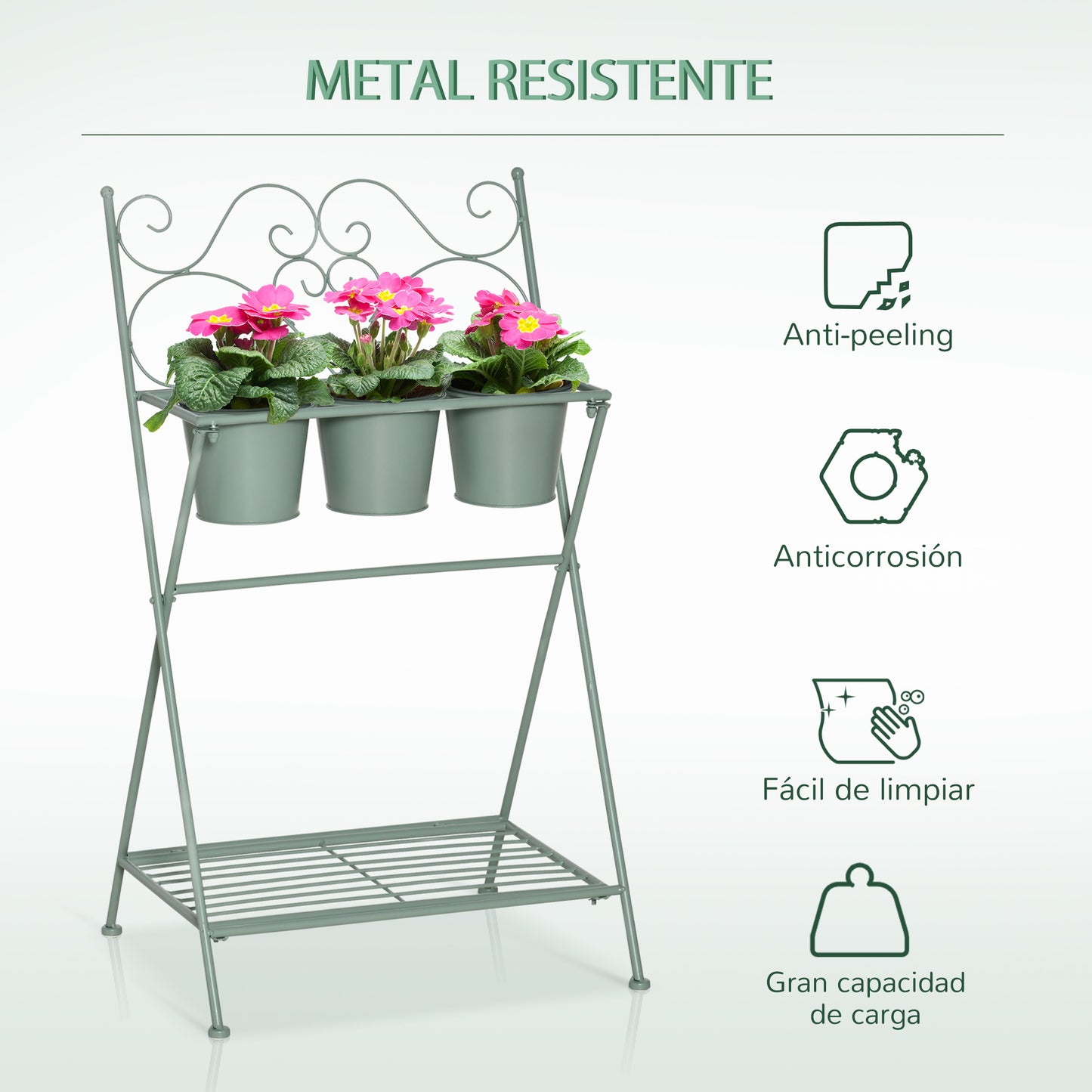 Outsunny Soporte de Metal para Plantas Plegable con 3 Macetas Incluidas y Estante Inferior Porta Macetero Decorativo de Flores para Interiores y Exteriores 47x37x78,5 cm Verde