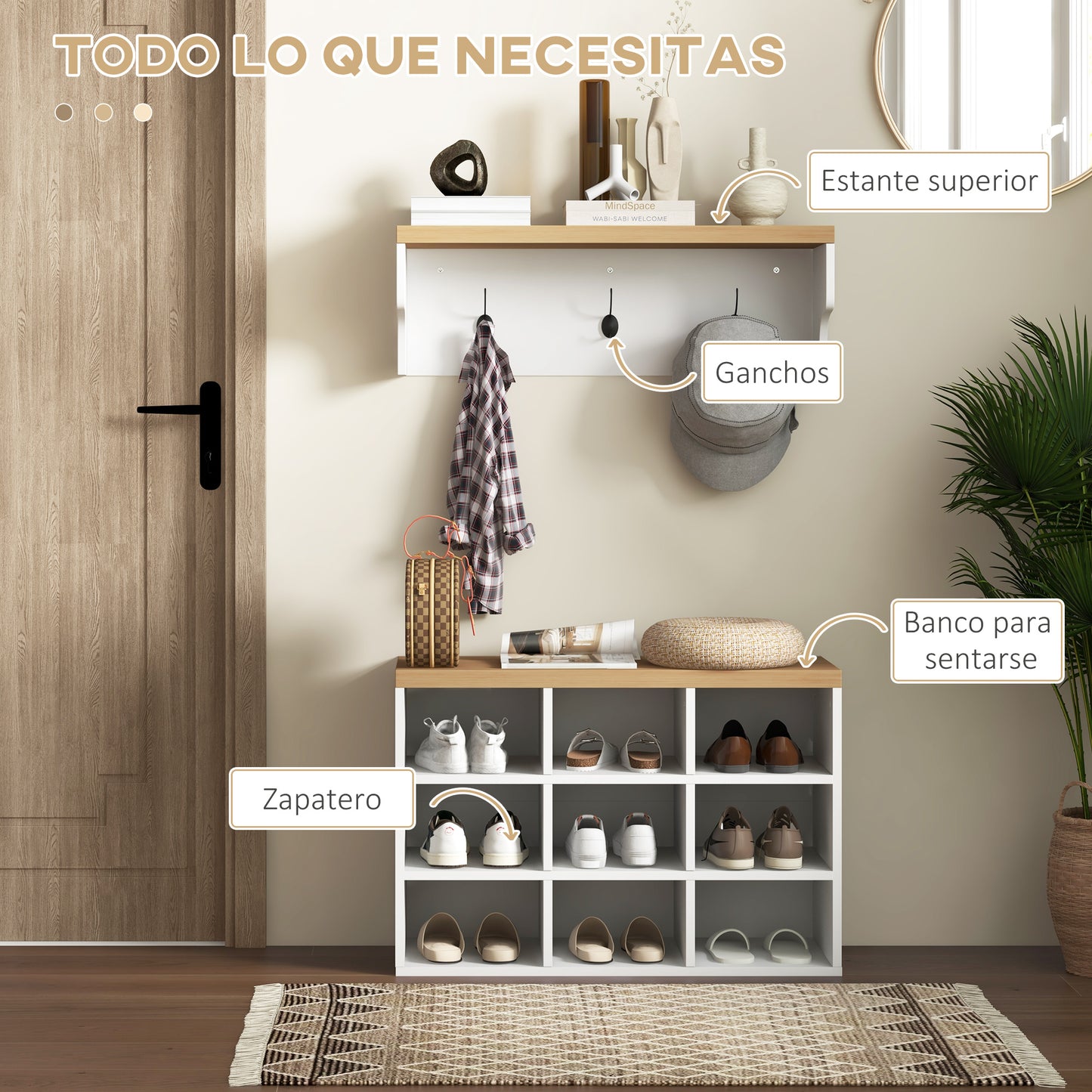 HOMCOM Recibidor con Perchero y Banco Zapatero 2 en 1 Muebles de Entrada con 3 Ganchos y Estantes para 9 Pares de Zapatos 75x30x50 cm y 75x20x22,5 cm Blanco