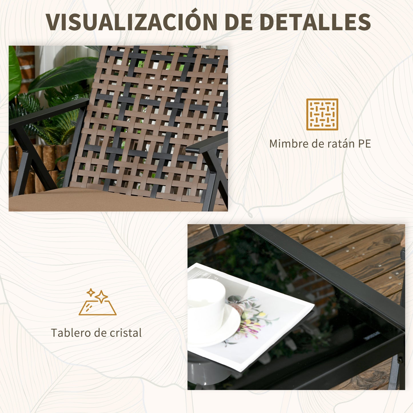 Outsunny Conjunto de Jardín de Ratán Sintético Juego de 4 Piezas Muebles de Jardín con 2 Sofás Individuales 1 Sofá de 2 Plazas y 1 Mesa de Vidrio Templado Anti-UV para Terraza Patio Marrón y Negro