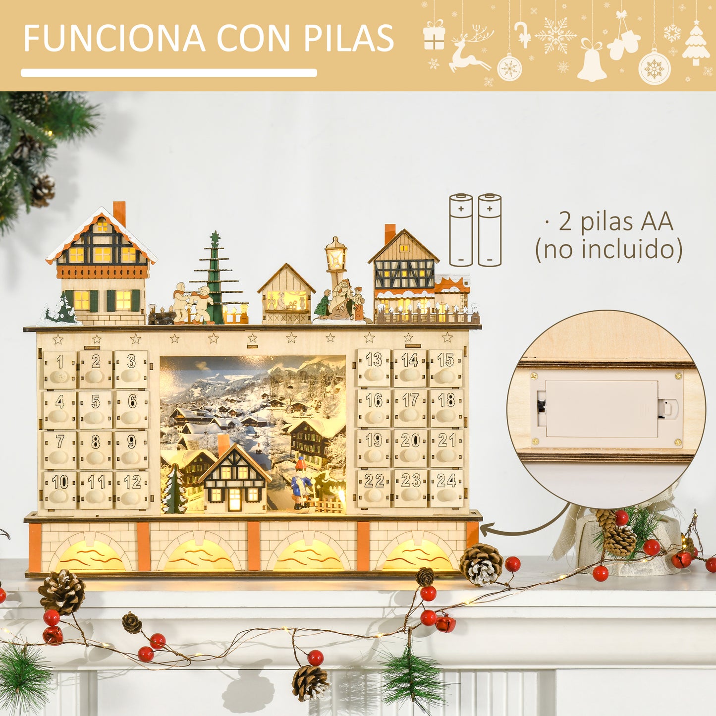 HOMCOM Calendario de Adviento para Llenar Calendario de Adviento de Madera con Luces y 24 Cajones de Cuenta Regresiva Juguetes para Niños y Adultos 44x10x37 cm Natural