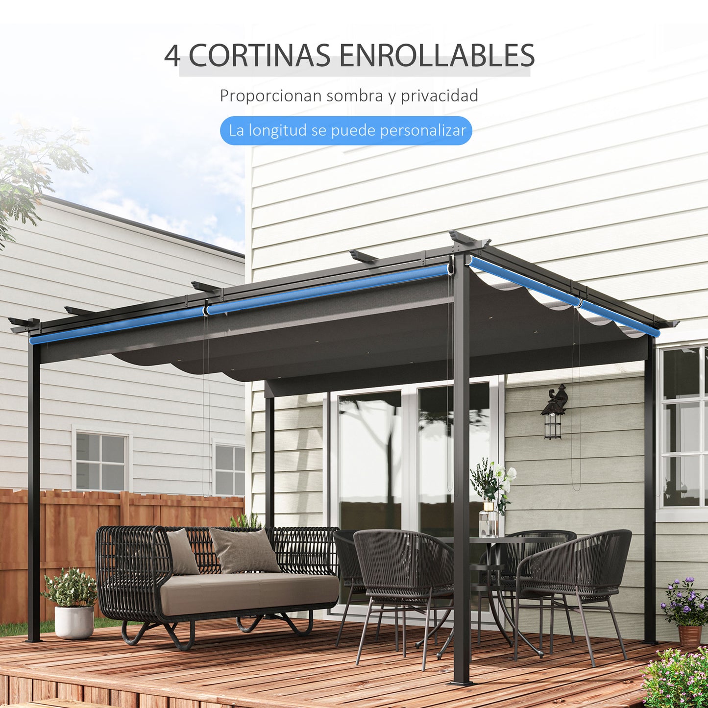 Outsunny Pérgola de Jardín 4x3 m Cenador para Exterior con Techo Retráctil 4 Cortinas Enrollables de Poliéster y Marco de Metal para Patio Terraza Gris Oscuro