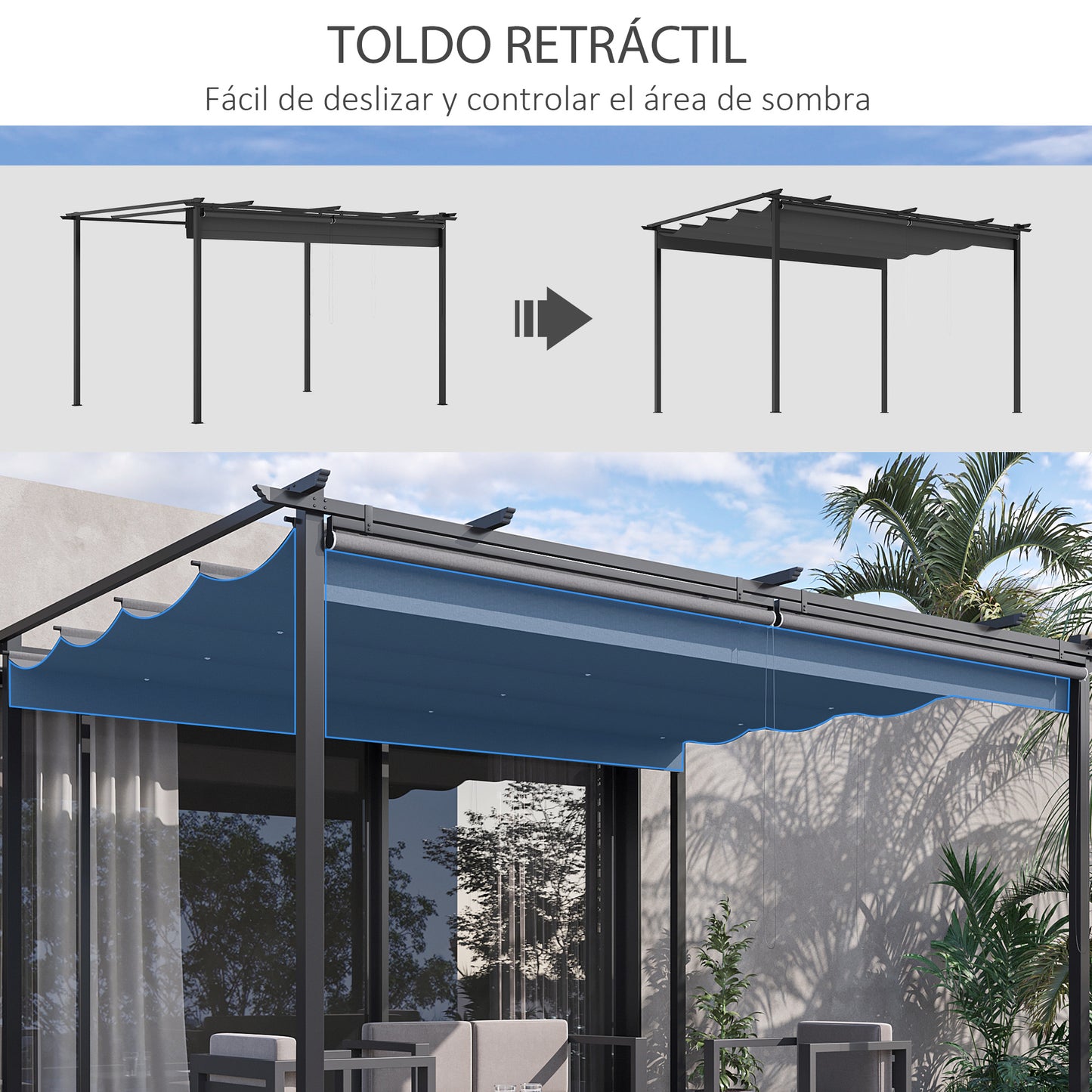 Outsunny Pérgola de Jardín 4x3 m Cenador para Exterior con Techo Retráctil 4 Cortinas Enrollables de Poliéster y Marco de Metal para Patio Terraza Gris Oscuro