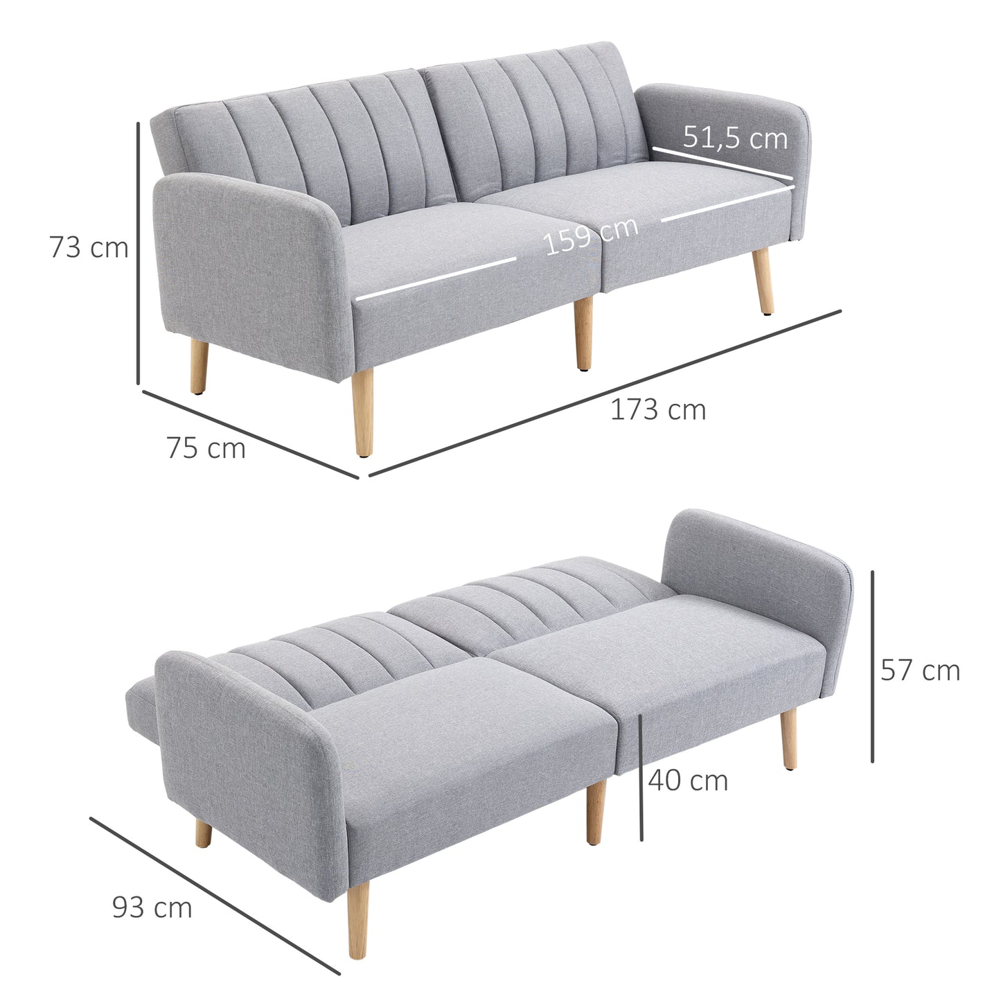 HOMCOM Sofá Cama de 2 Plazas Moderno Sofá Cama Plegable Tapizado en Lino Sintético con Respaldo Ajustable en 3 Niveles y Reposabrazos Desmontables para Salón Oficina 173x75x73 cm Gris