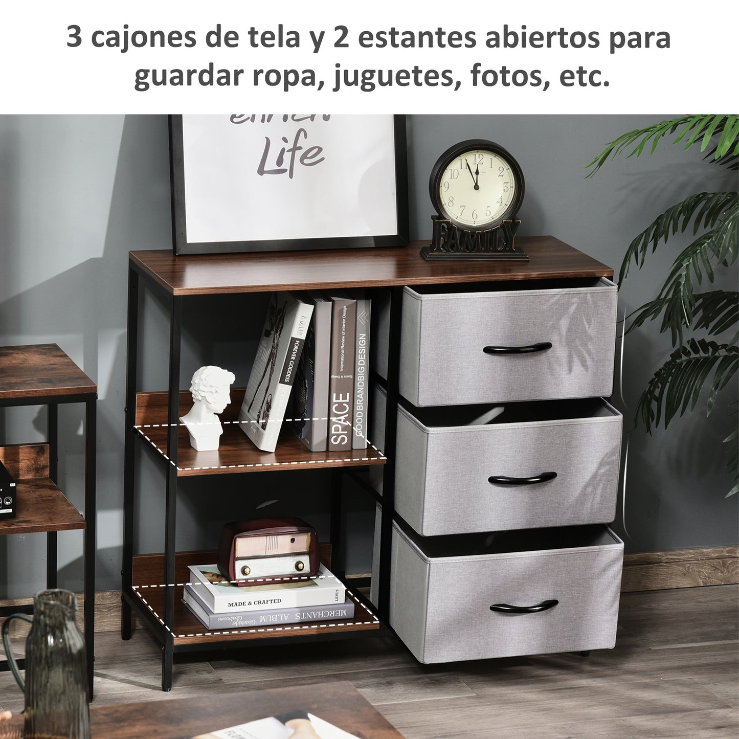 HOMCOM Cómoda Cajonera de Tela con 3 Cajones Plegables y 2 Estantes Estilo Industrial para Dormitorio Salón Pasillo 80x29x71 cm Nogal y Gris Claro